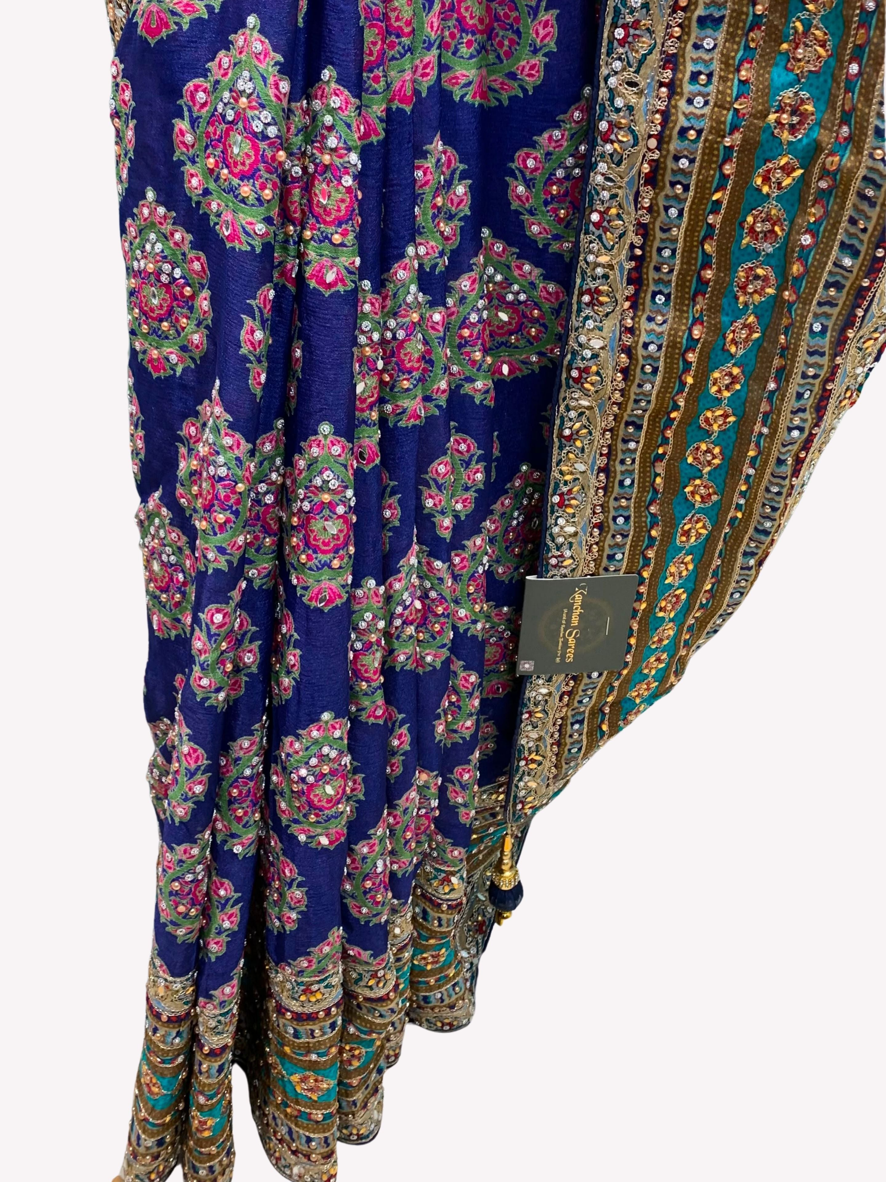 Navy Blue Chinon Ready Made Saree Embellished With Zari, Stone, Mirror & Chandla Work