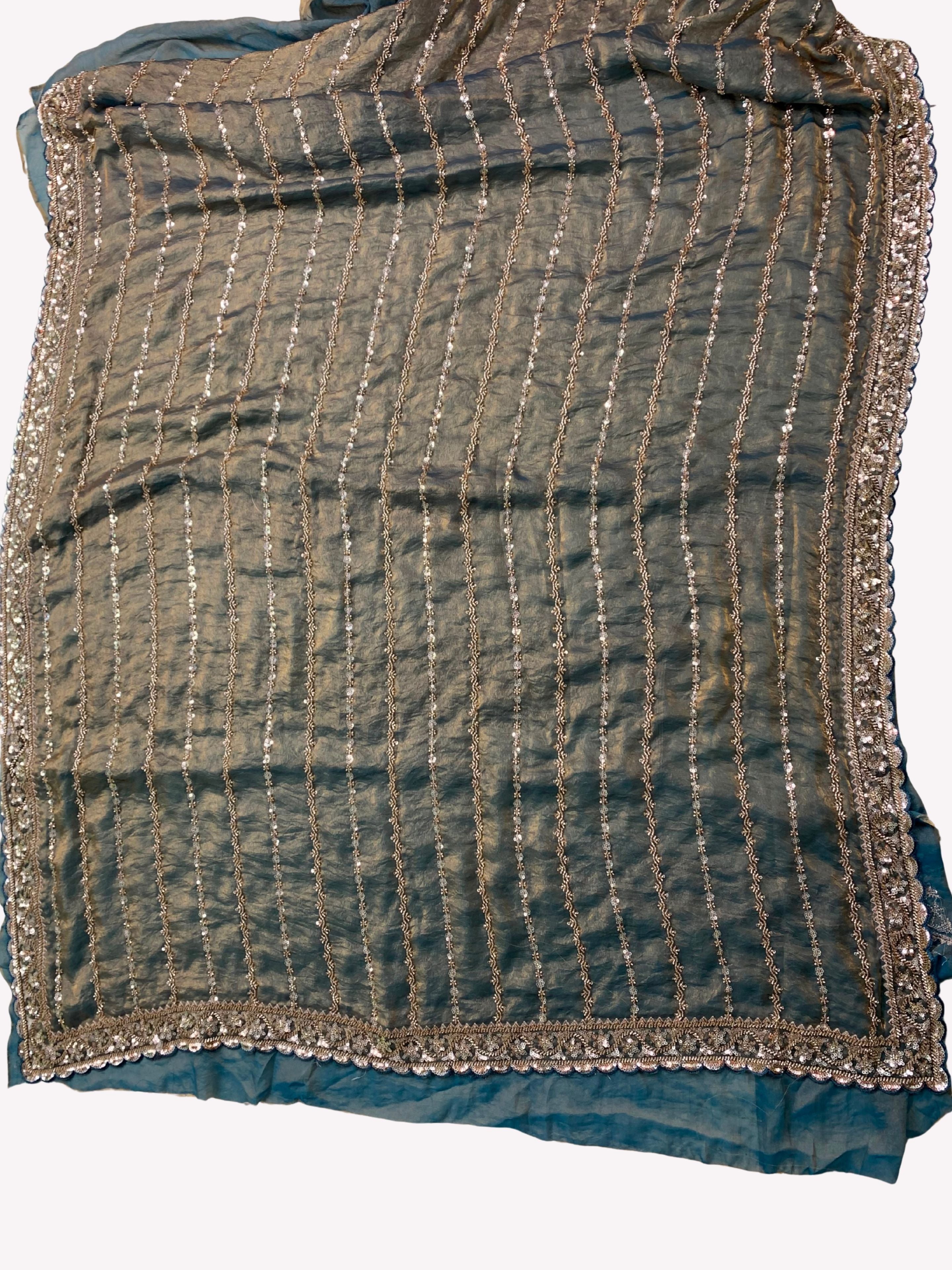 Olive Tissue Unstitched Saree Embellished With Sequins & Cutdana