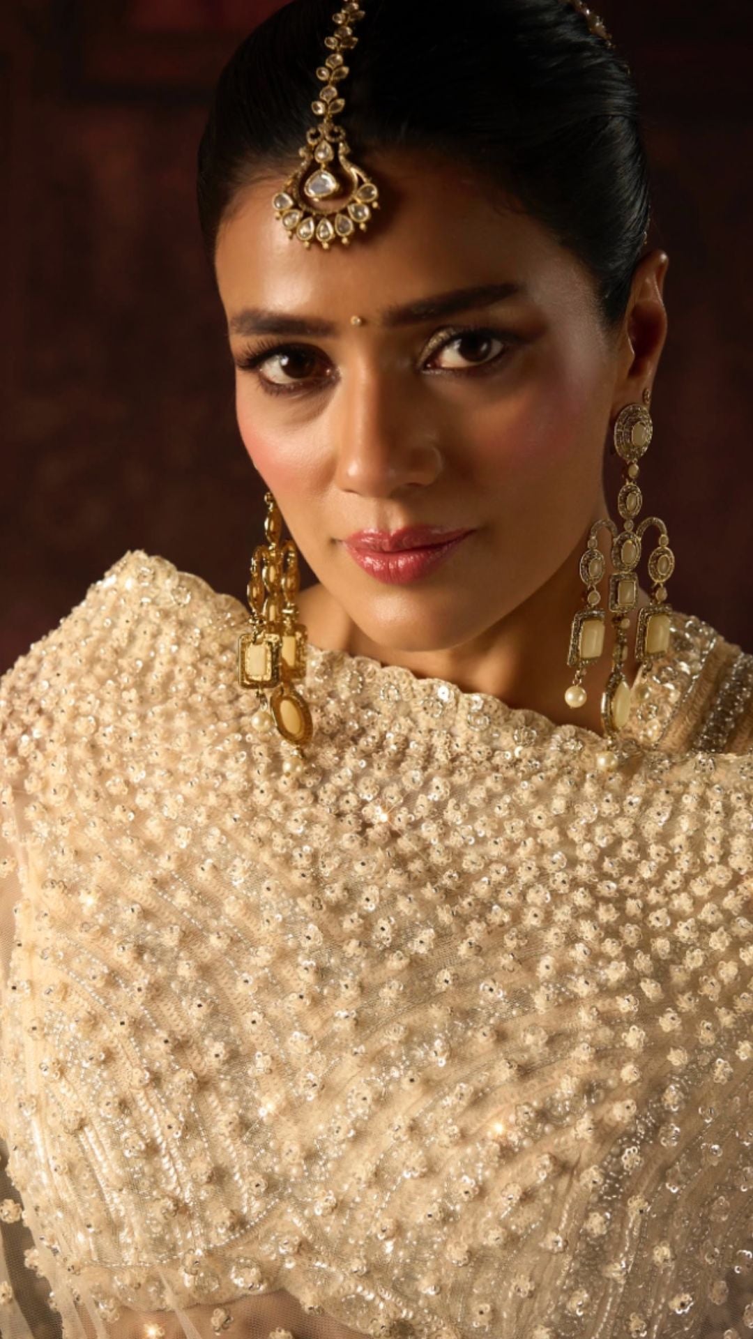 Cream Net Saree With Beads, Sequins and Moti Work