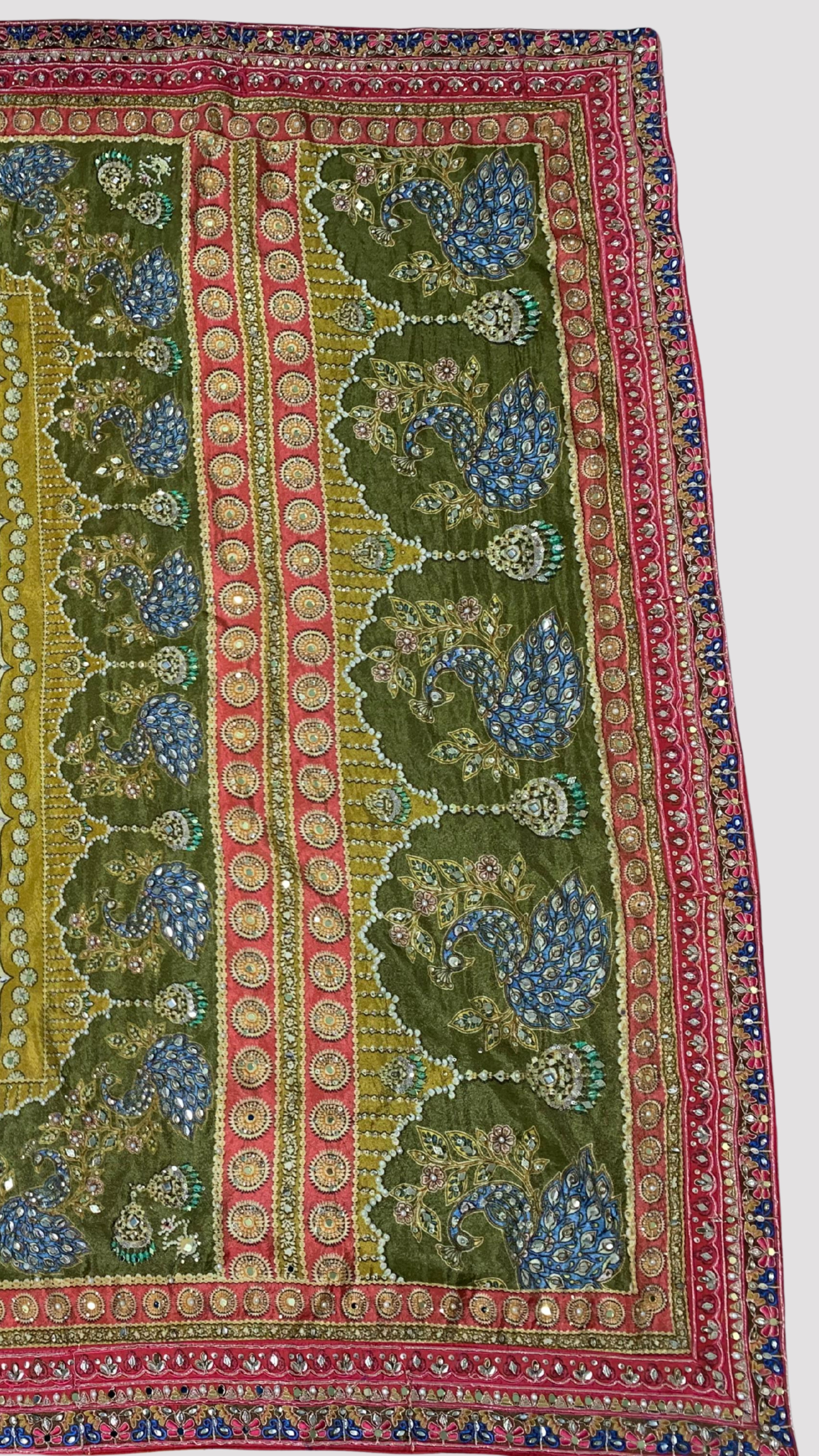 Moss Green Tissue Saree with Zari, Mirror & Stone Work