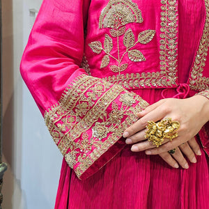 Pink Silk Indowestern Embroidered Jacket with Georgette Top and Bottom