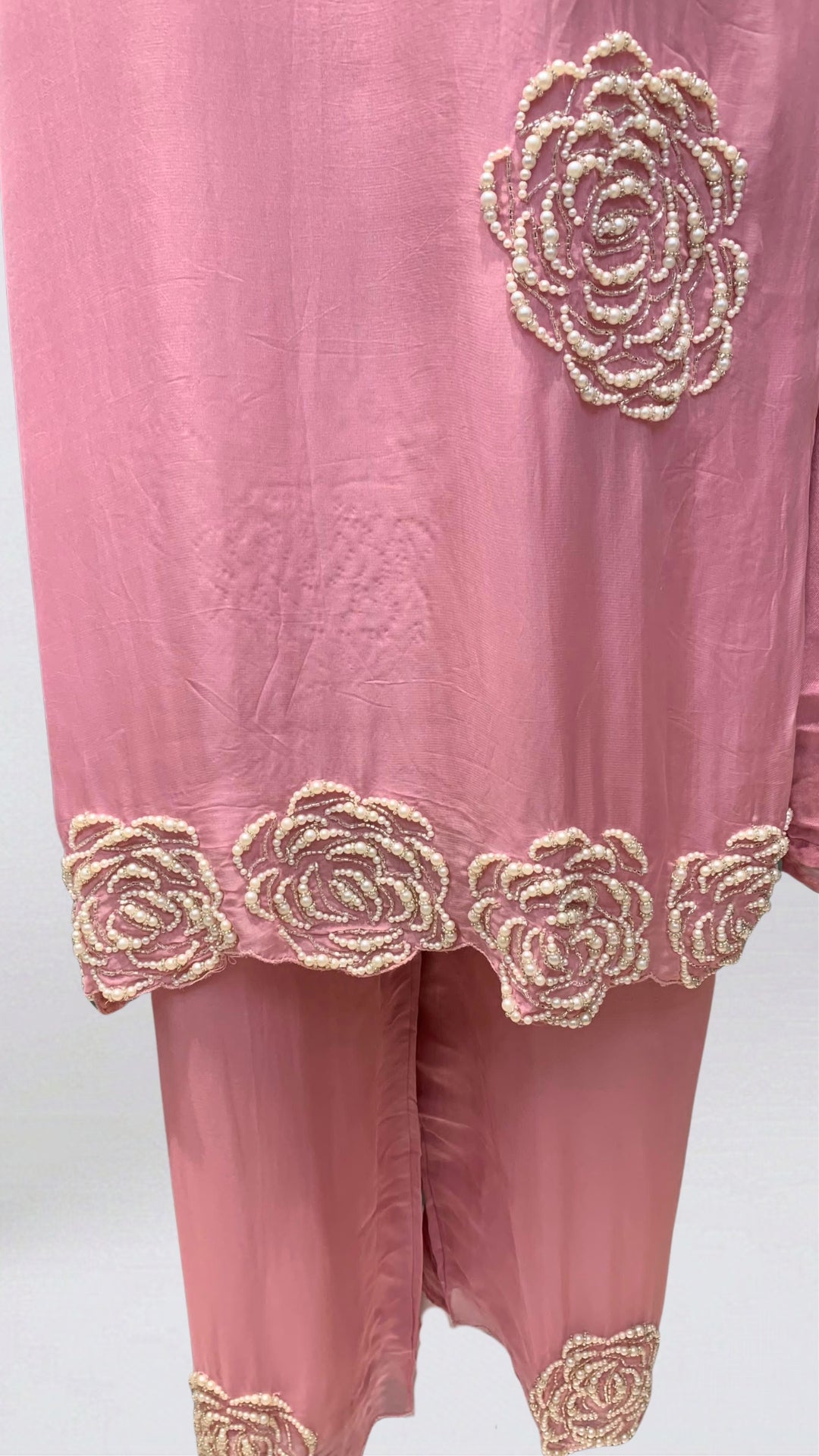 Peach Soft Organza Suit with Moti & Cutdana Detailing