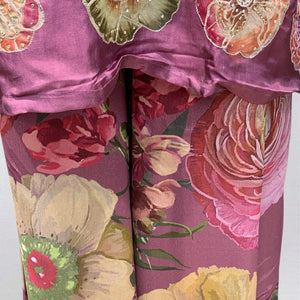 Wine Satin Crepe Suit with Zari, Sequins, Stone, Hand Print & Cutdana Detailing