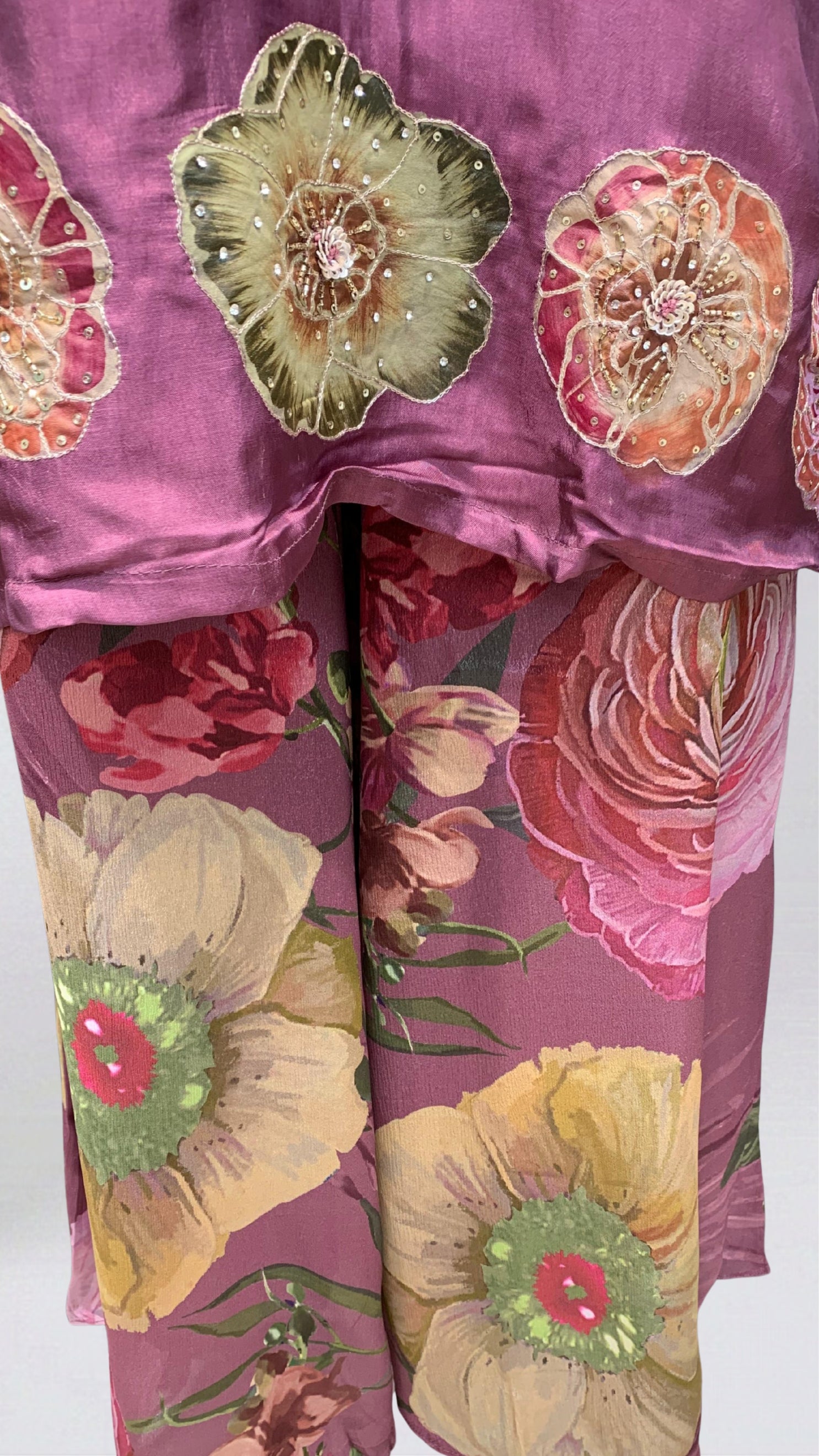 Wine Satin Crepe Suit with Zari, Sequins, Stone, Hand Print & Cutdana Detailing