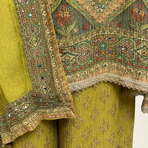 Mehandi Green Wrinkle Tissue Digital Printed Suit with Mirror Detailing and Palazzo