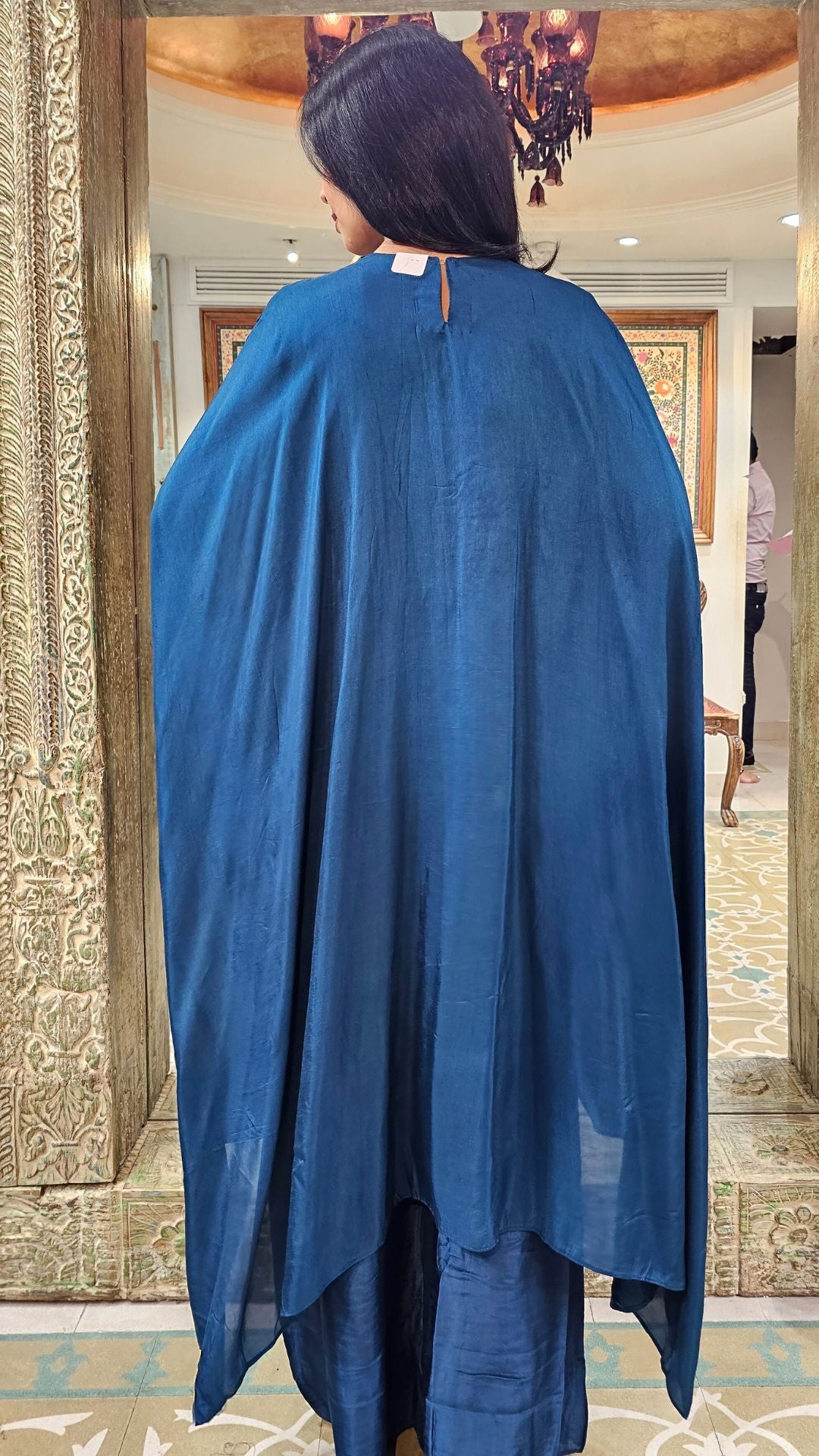 Blue Silk Indowestern Kaaftan and Bottom with Resham Thread and Dabka
