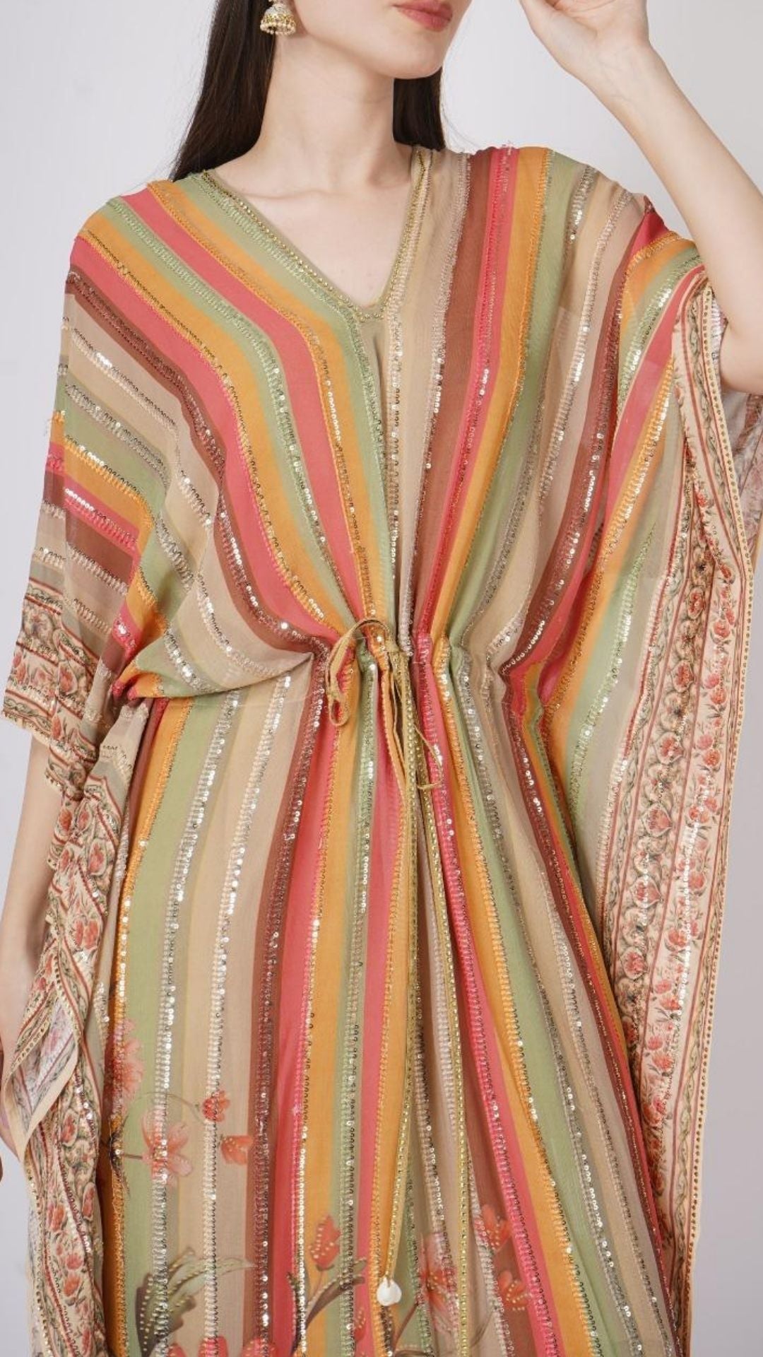 Multicolor Beige Georgette Kaaftan with Mirror and Sequins Work