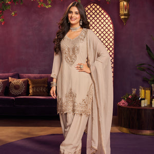 Chiku Tissue Suit, Farshi Salwar And Dupatta with Cutdana, Sequins and Zari Work