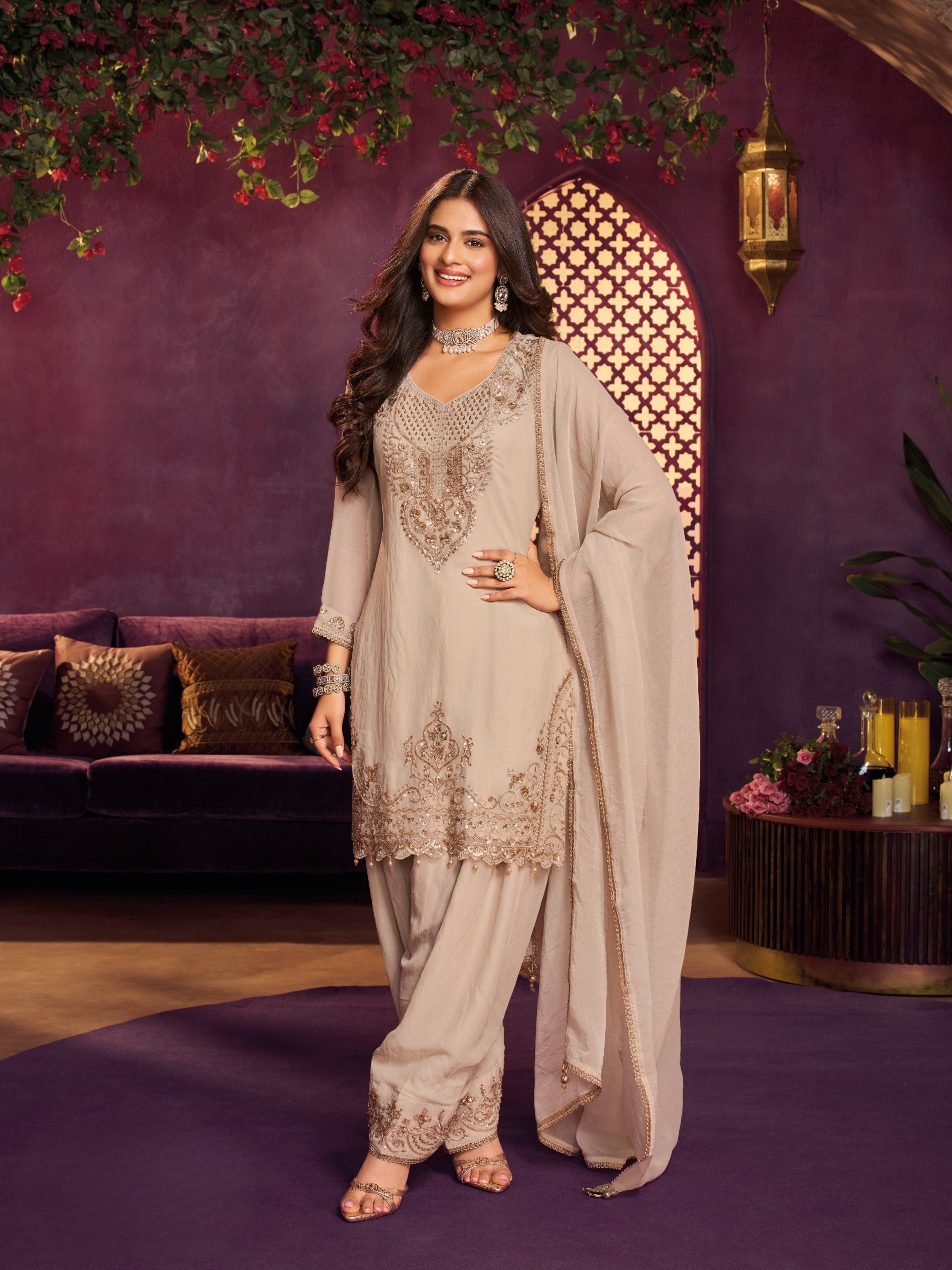 Chiku Tissue Suit, Farshi Salwar And Dupatta with Cutdana, Sequins and Zari Work