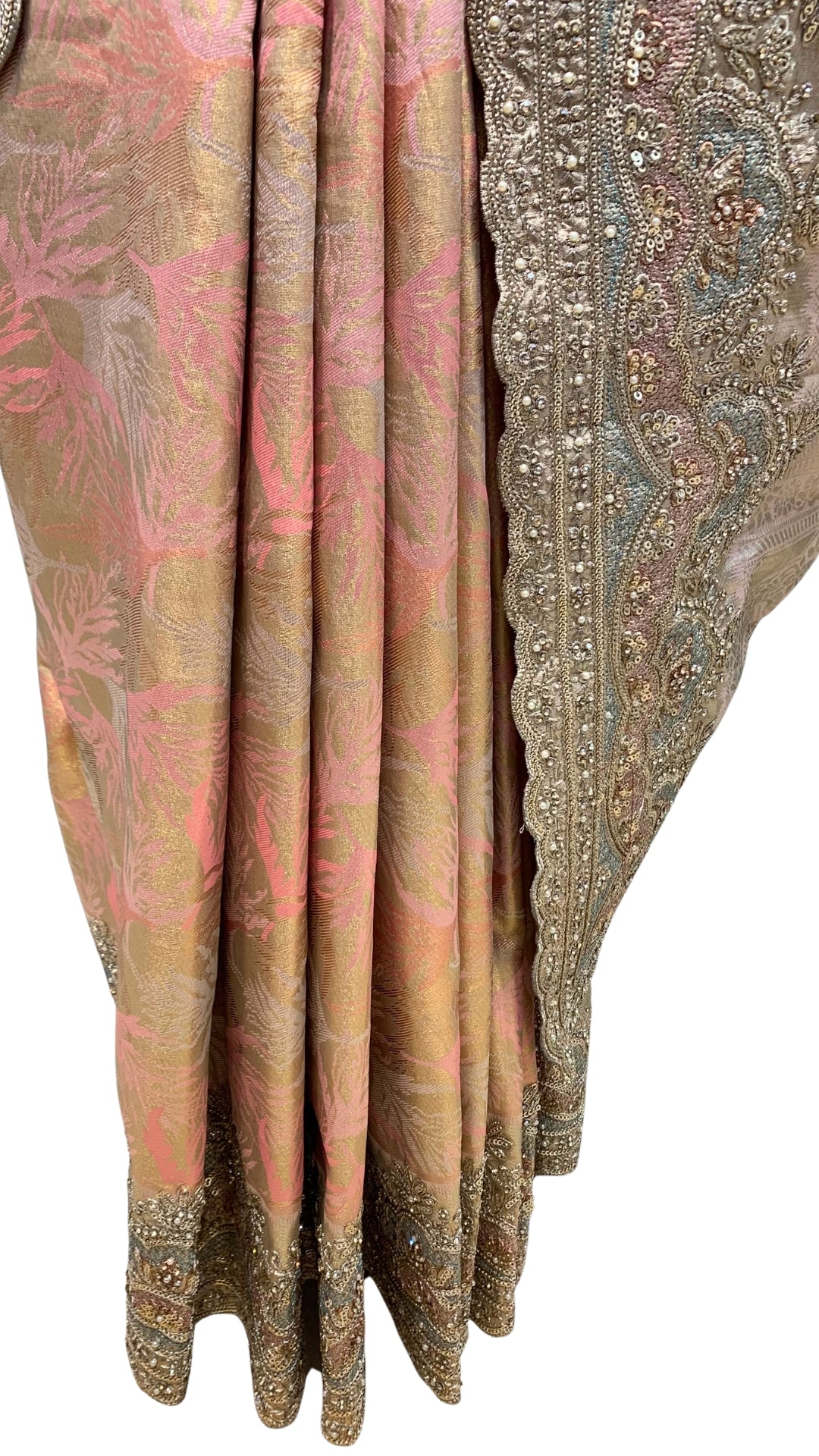 Peach Pure Banarasi Unstitched Saree with Sequins, Swarovski & Zari Work