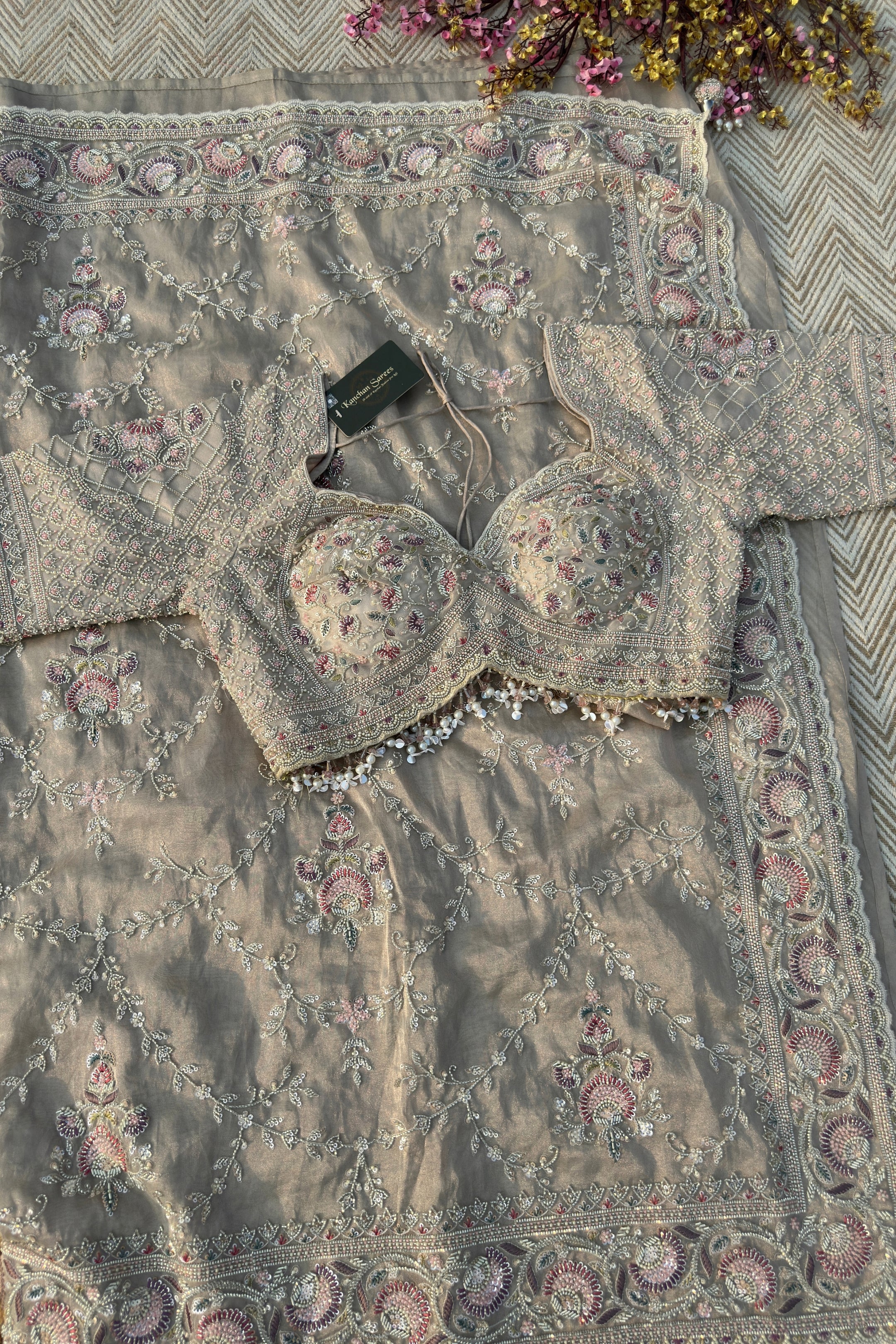 Tussar Tissue Saree Embellished With Sequins & Cut Dana Work