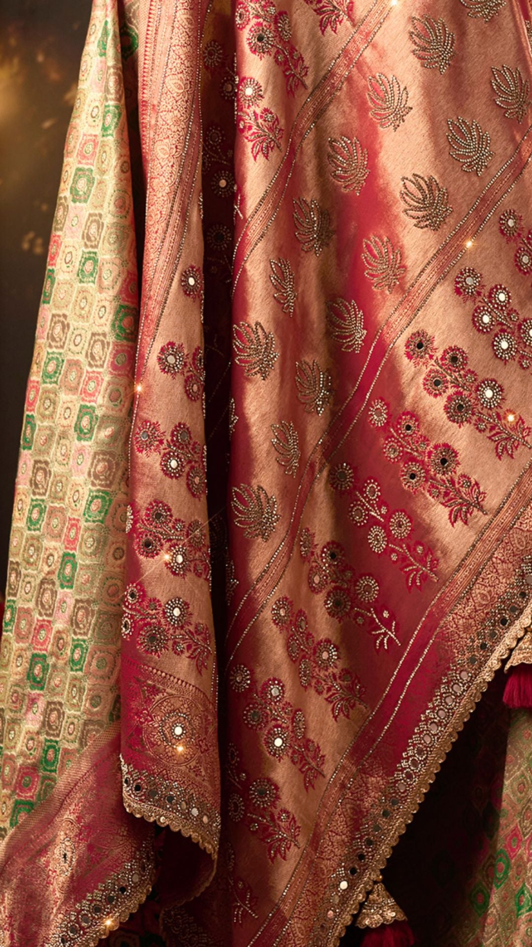 Pink and Beige Kanjivaram Silk Saree with Zarkan and Mirror Work