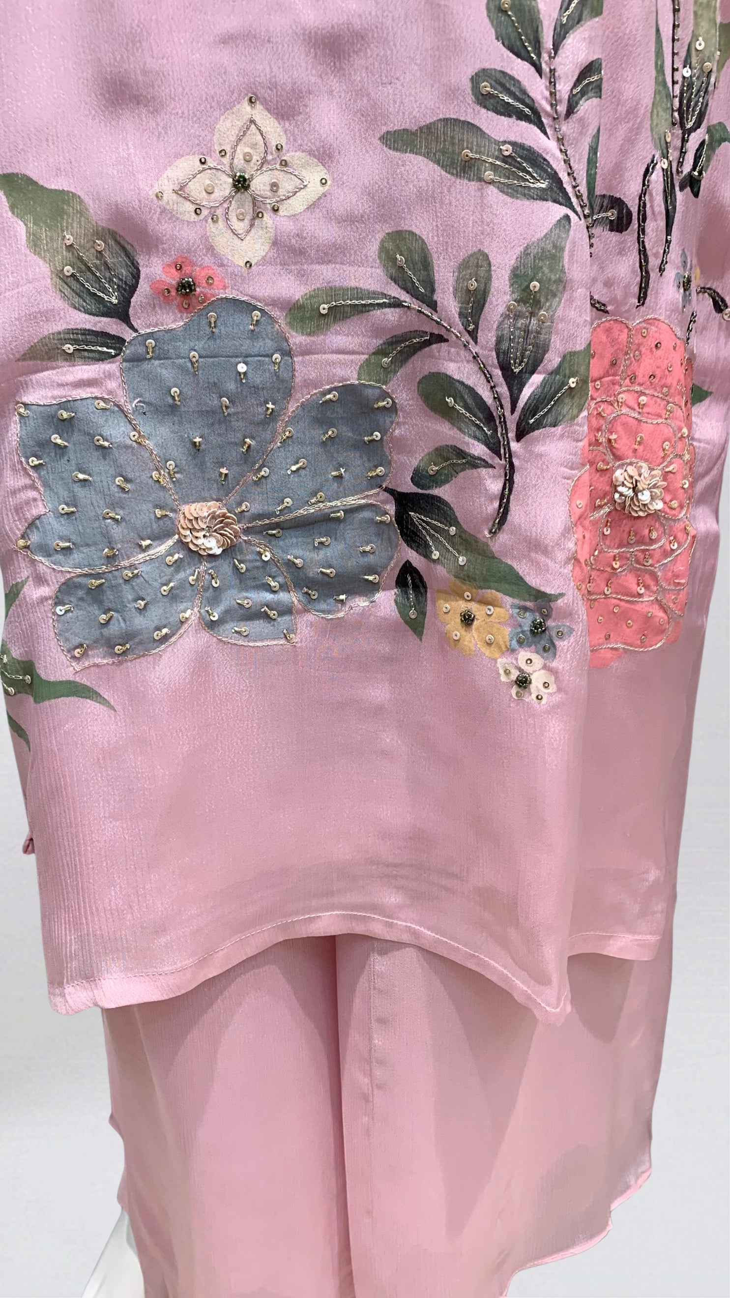 Printed Soft Organza Suit with Moti & Cutdana Detailing