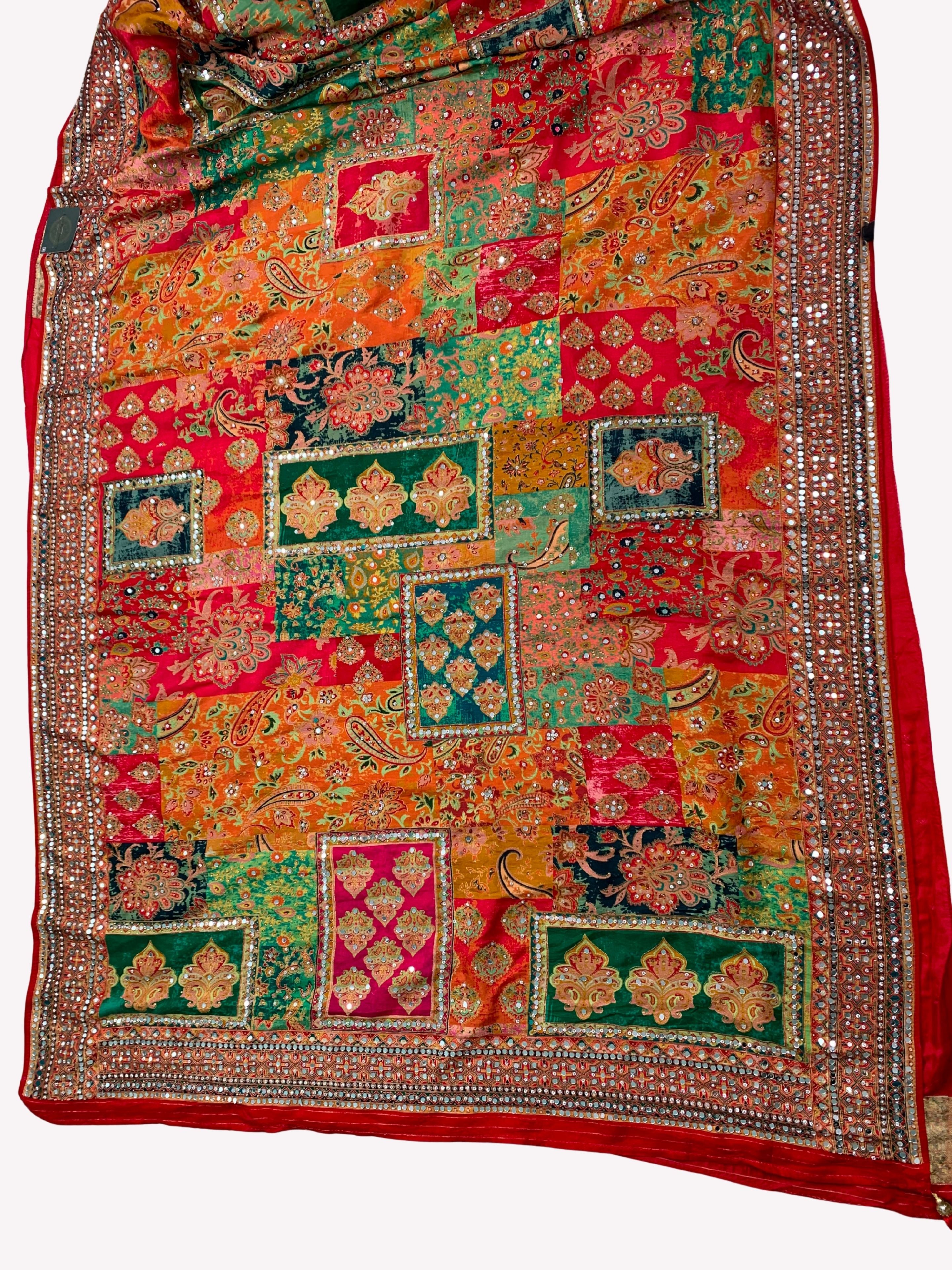 Multicolour Silk Unstitched Saree Embellished With Sequins, Mirror, Stone & Swarovski Work