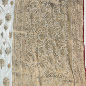 Ivory Banarasi Silk Saree with Stitched Pink Blouse and Weaving Work