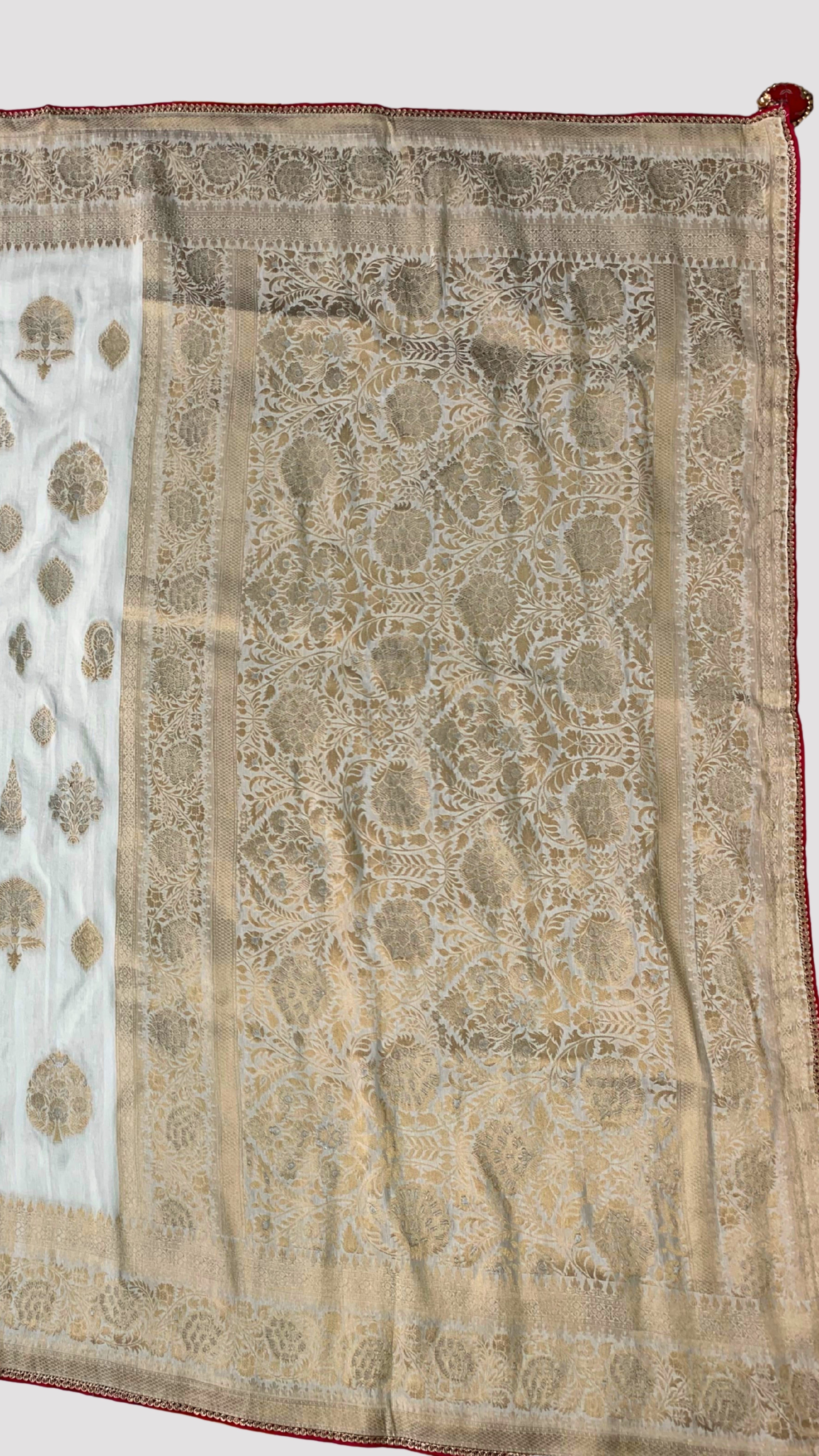 Ivory Banarasi Silk Saree with Stitched Pink Blouse and Weaving Work