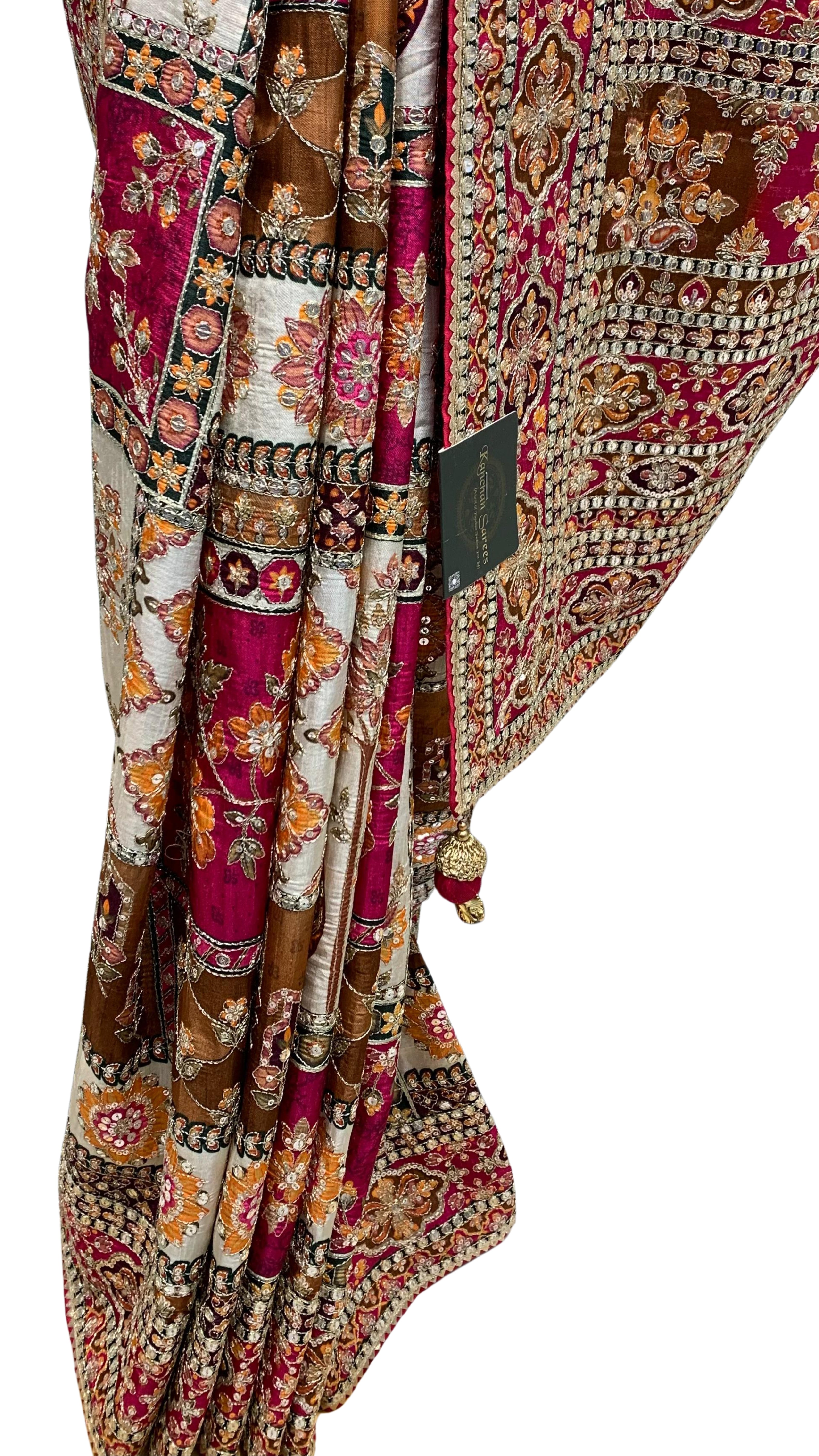 Maroon & Pink Banarasi Silk Saree with Heavy Zari and Sequins Work
