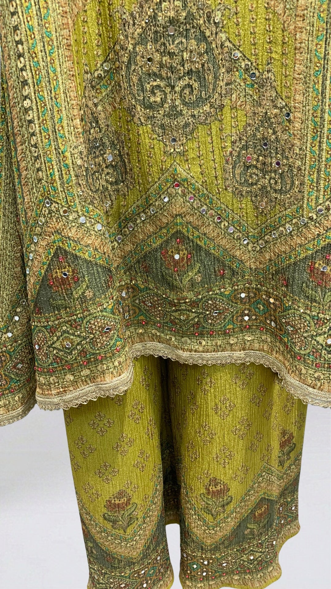 Green Wrinkled Tissue with Digital Print, Moti & Stone Work Indo Western