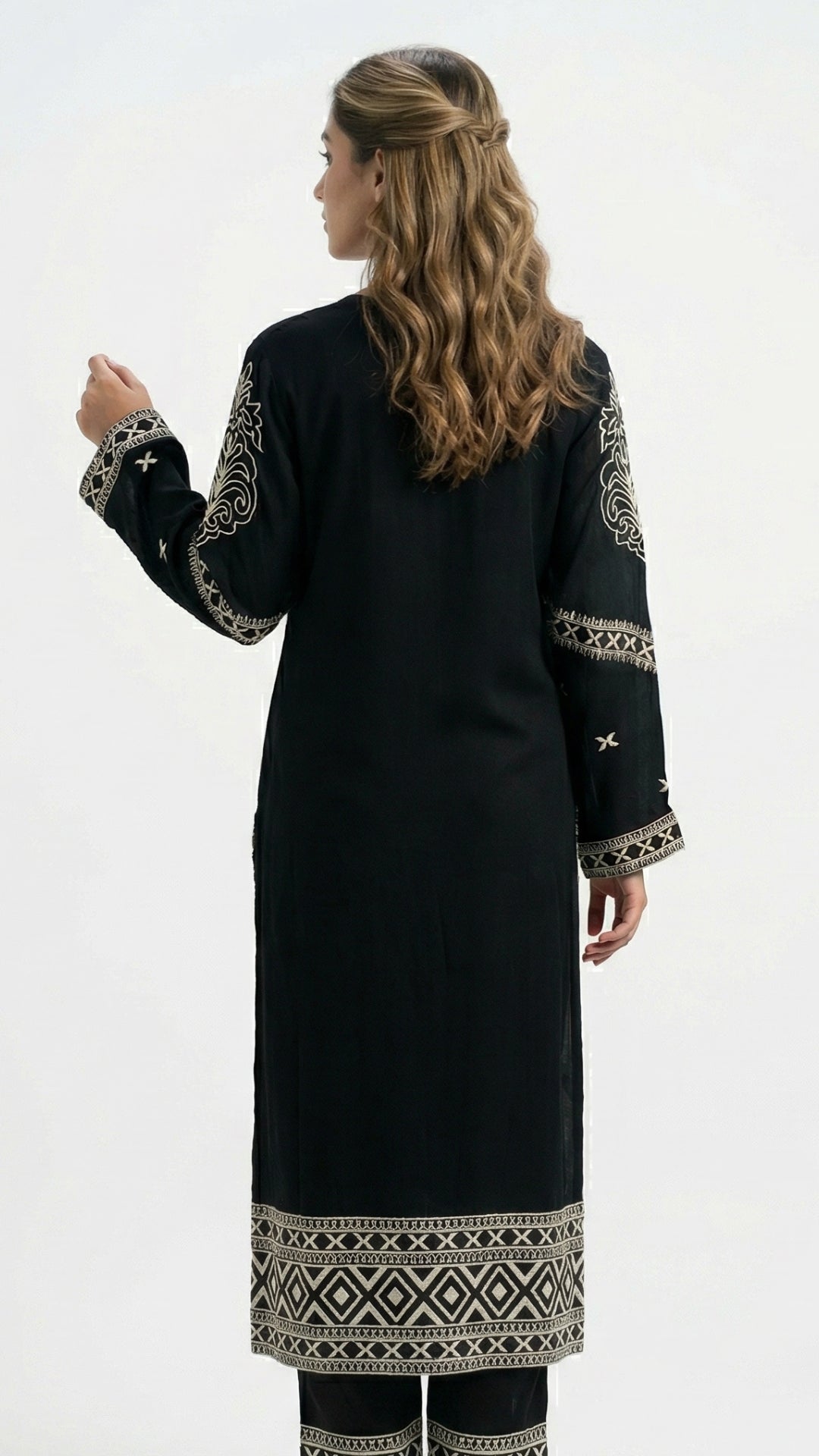 Black Chinon Suit Set with Thread Work Detailing