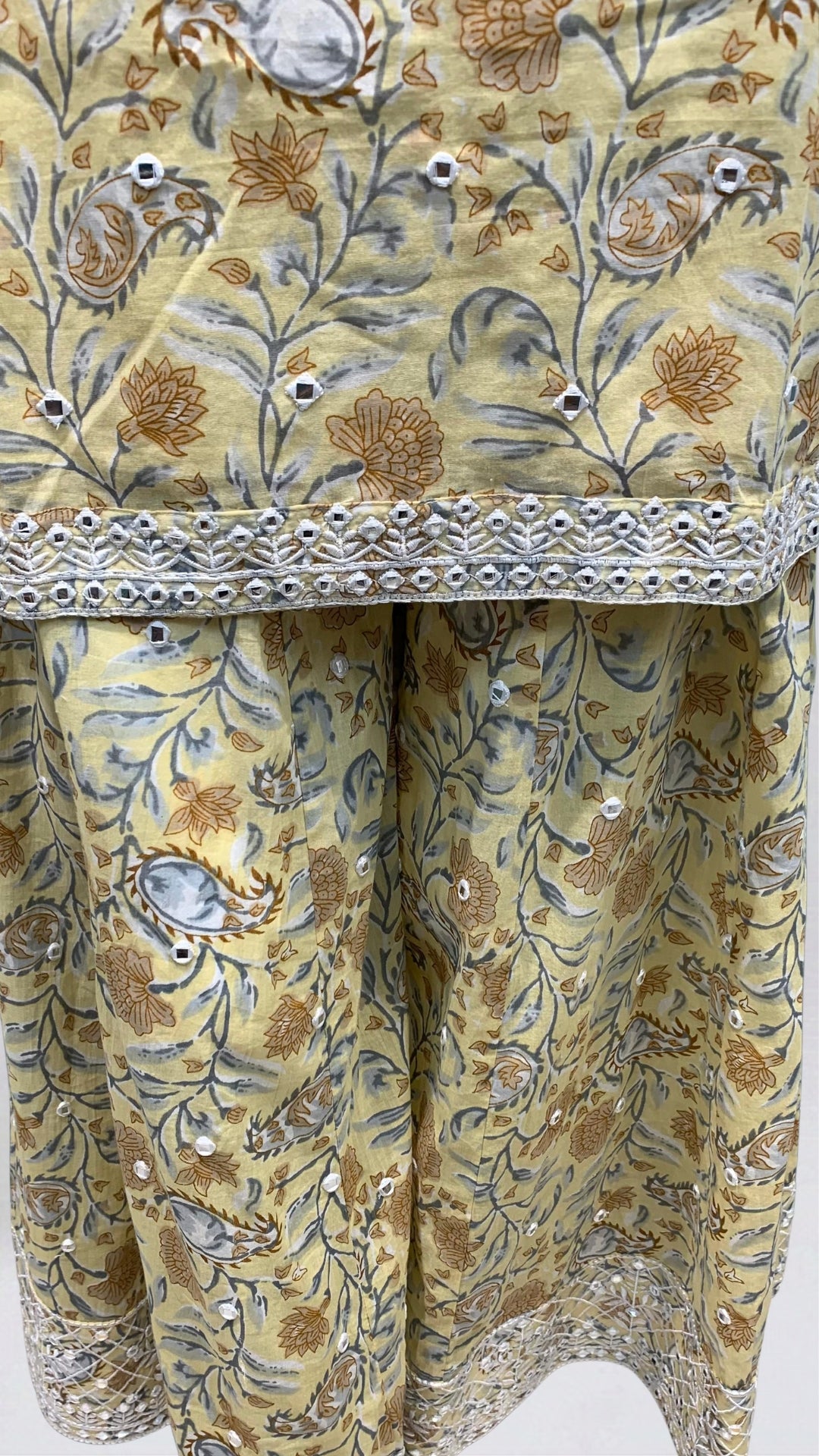 Yellow Digital Printed Cotton Suit With Thread & Patti Work