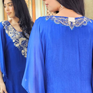 Blue Chinon Indowestern Kaaftan and Bottom with Cutdana,Sequins and Thread Work