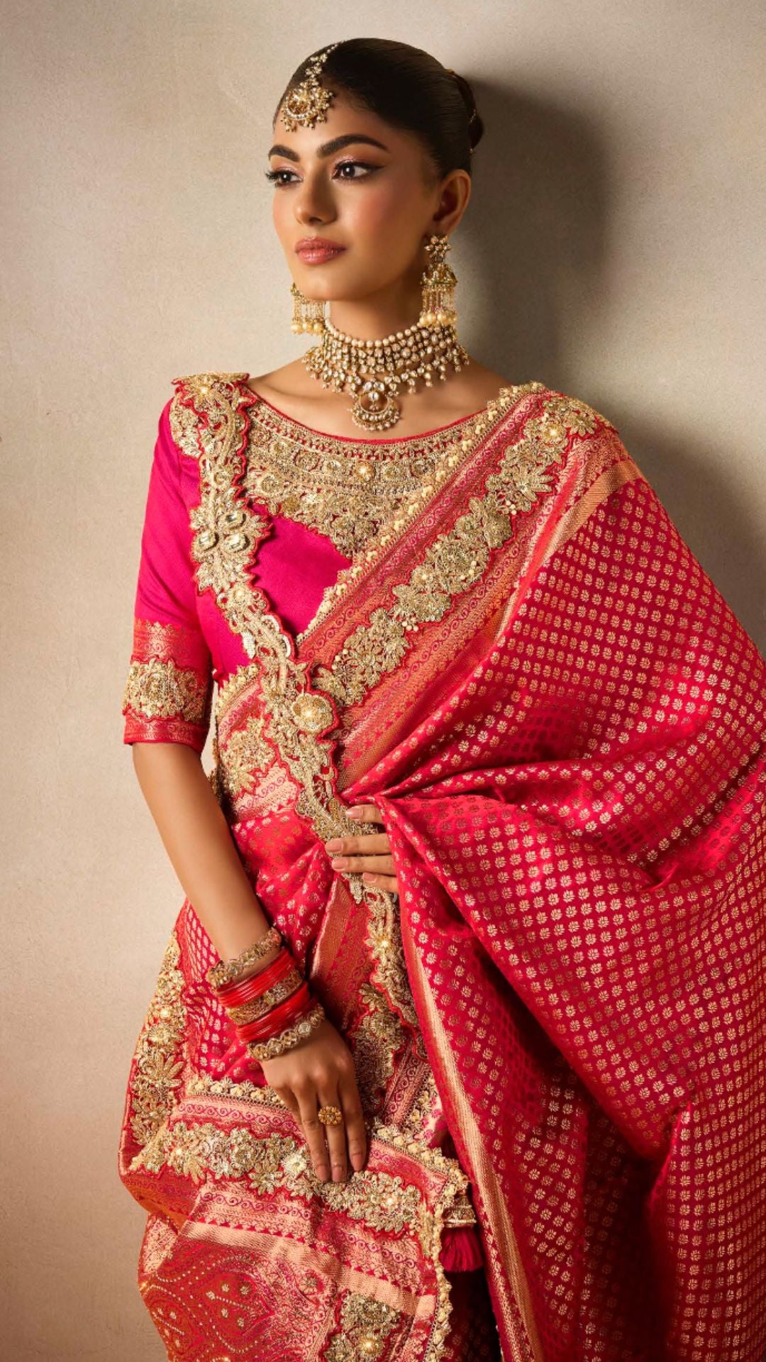 Red Satin Embroidered Saree With Rani Blouse