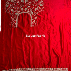 Red Bridal Satin Unstitched Saree with Zarkan & Cut Dana Work