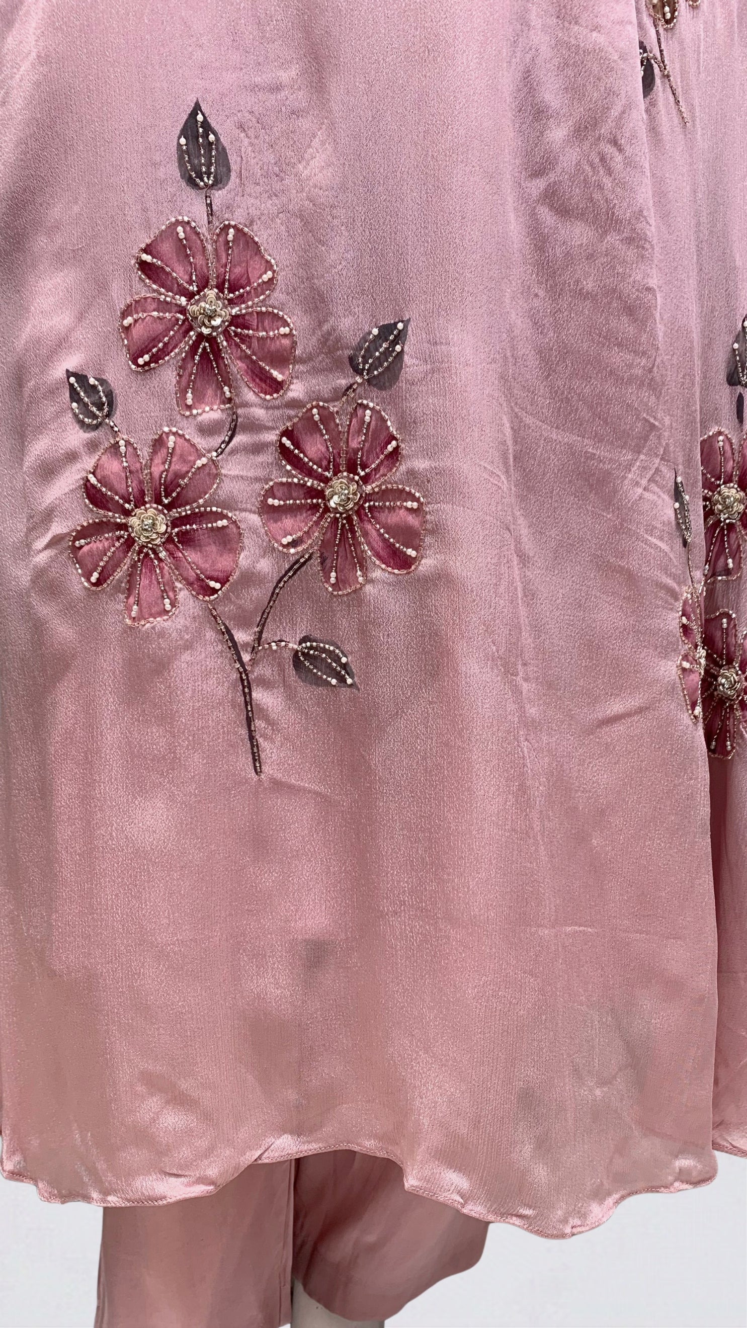 Pink Chinon Suit with Sequins, Hand Print, Cutdana & Stone Detailing