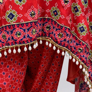 Cherry Red Crepe Coord Set with Digital Print, Zari & Mirror Detailing