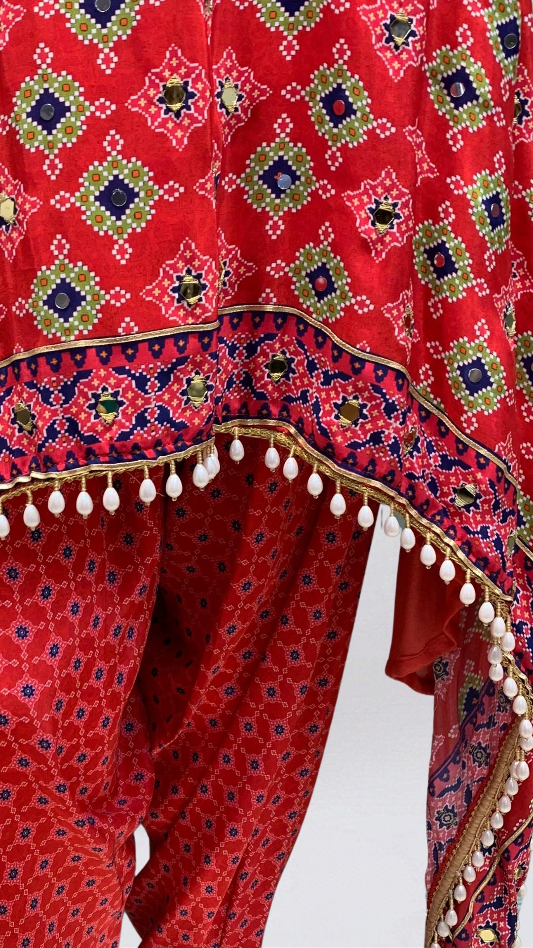 Cherry Red Crepe Coord Set with Digital Print, Zari & Mirror Detailing