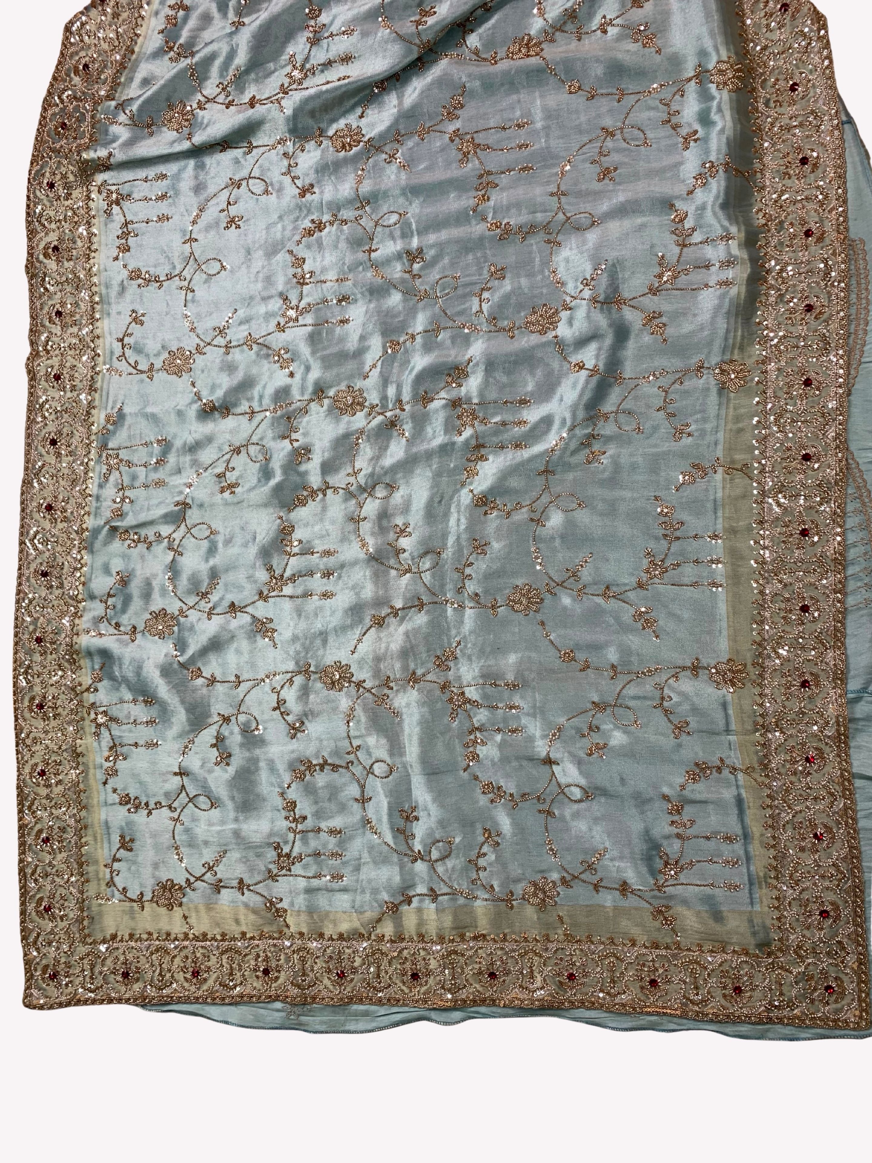 Sky Blue Tissue Unstitched Saree Embellished With Sequins, Cutdana, Moti & Stone Work