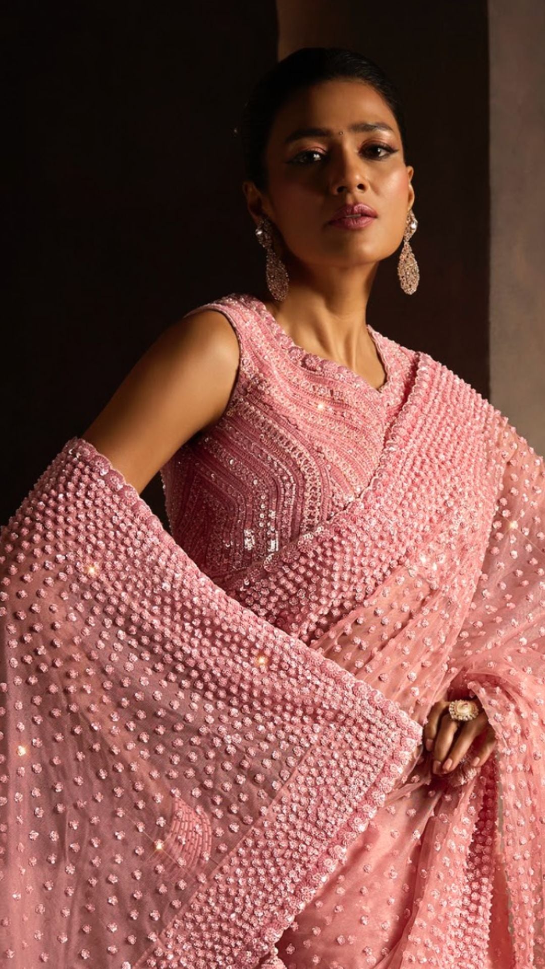 Pink Saree With Beads, Sequins and Moti Work