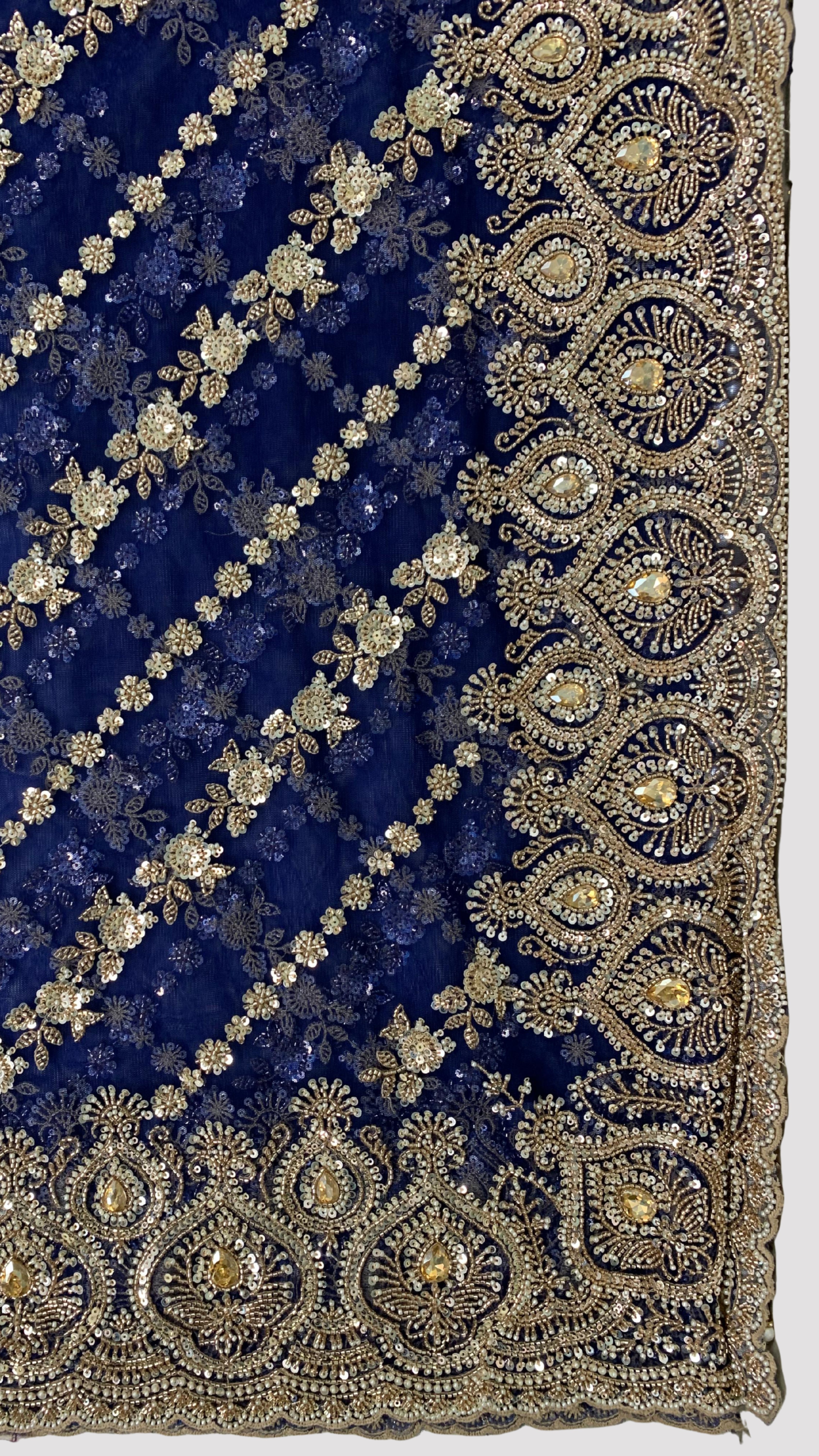 Midnight Blue Net Saree with Cutdana, Moti & Sequins Work