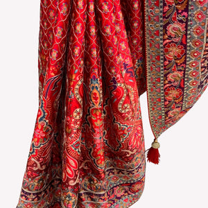 Maroon Digital Printed Silk Ready Made Saree Embellished With Sequins & Zari Work