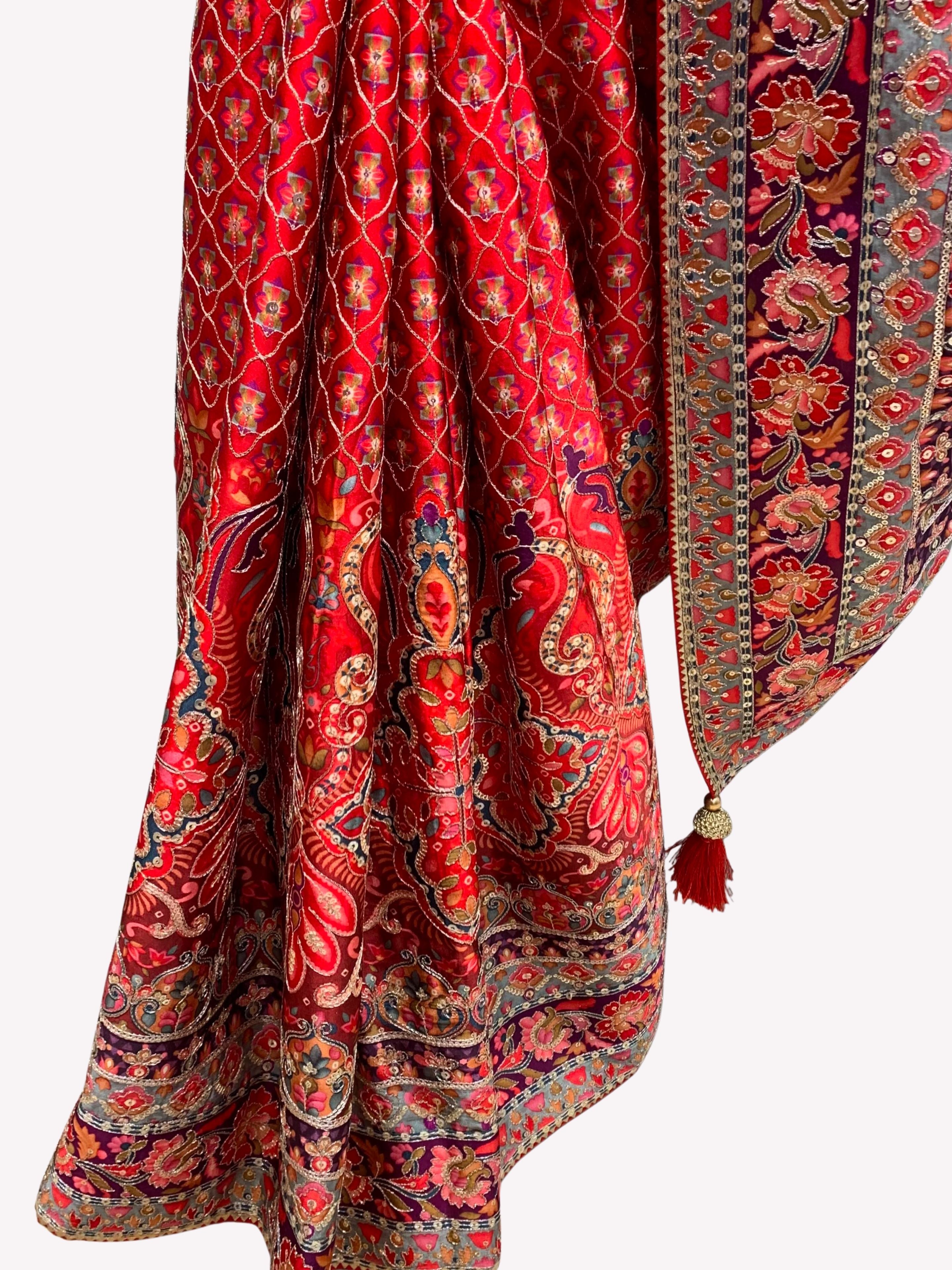 Maroon Digital Printed Silk Ready Made Saree Embellished With Sequins & Zari Work