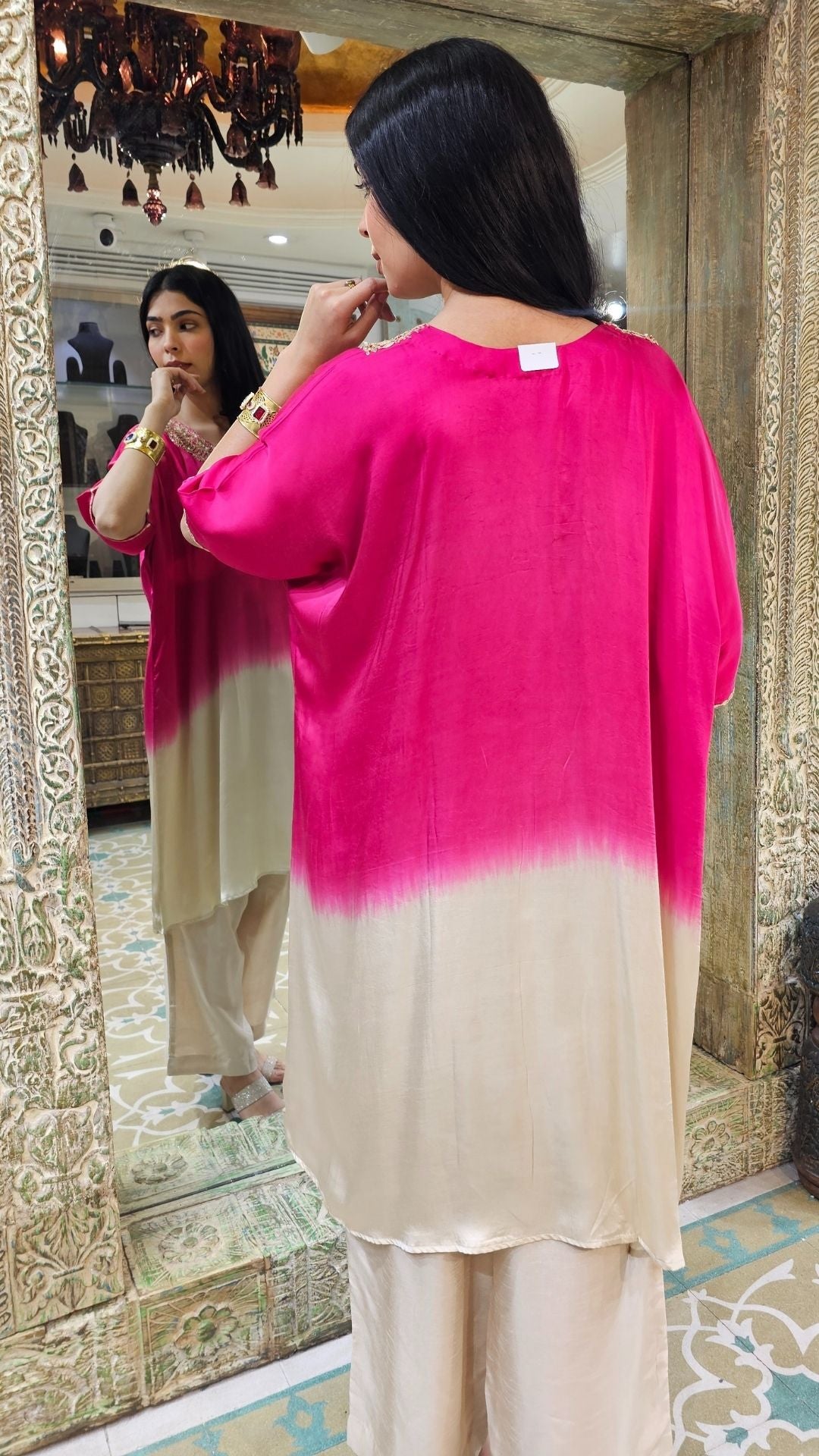 Ombre Pink Satin Crepe Indowestern Kaaftan and Bottom with Gota and Pearl Work