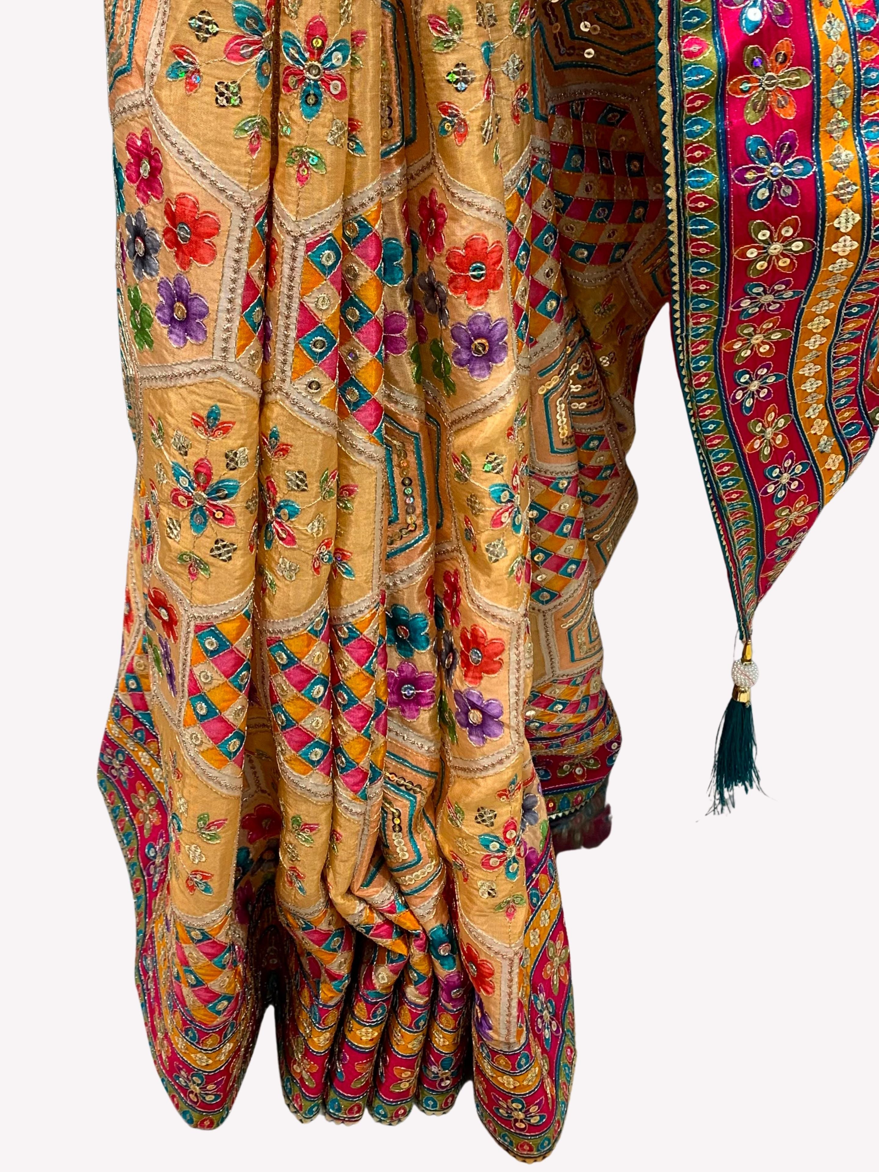 Multicolour Digital Printed Silk Ready Made Saree Embellished With Zari & Sequins Work
