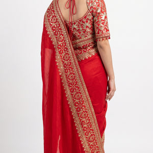 Beautiful Red Raw Silk Saree Trimmed With Leather Patch Work