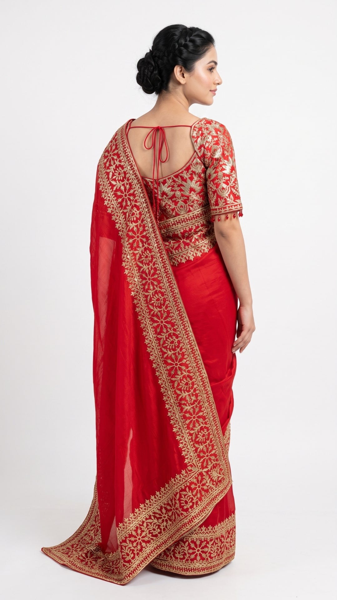 Beautiful Red Raw Silk Saree Trimmed With Leather Patch Work