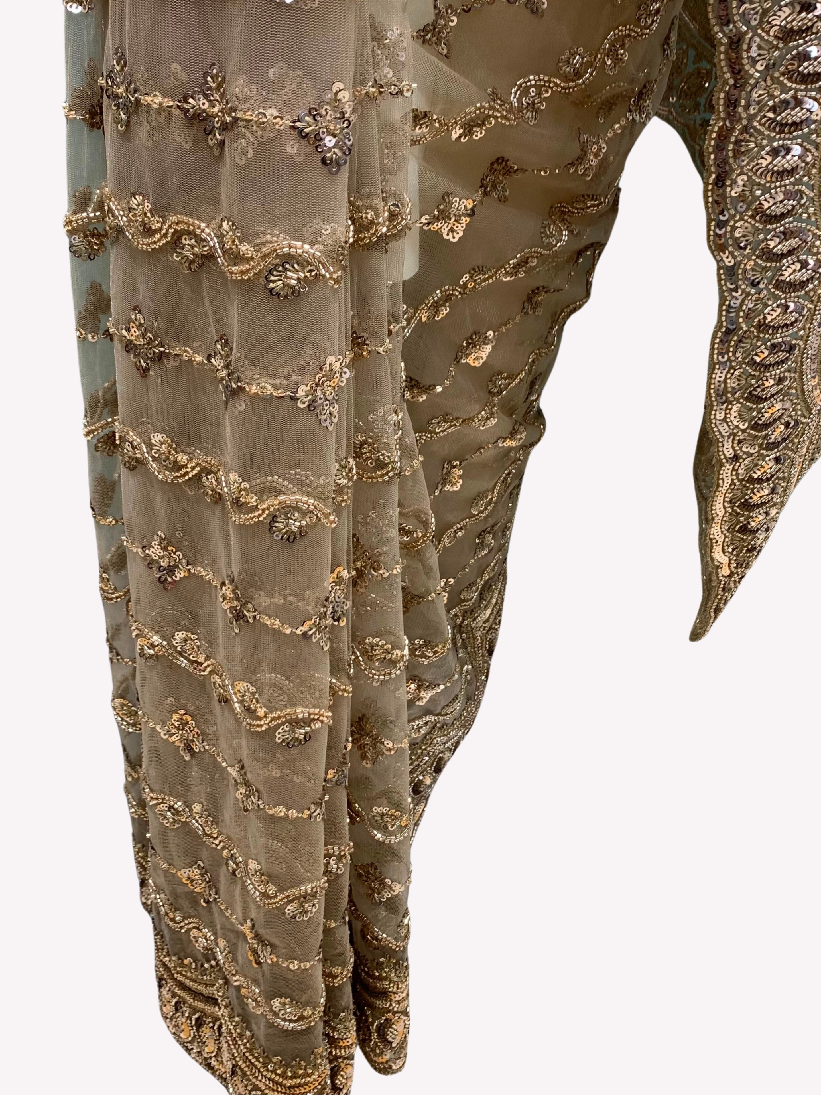 Golden Net Saree Embellished With Cutdana & Sequins Work