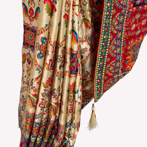 Cream Digital Printed Silk Ready Made Saree Embellished With Sequins & Zari Work