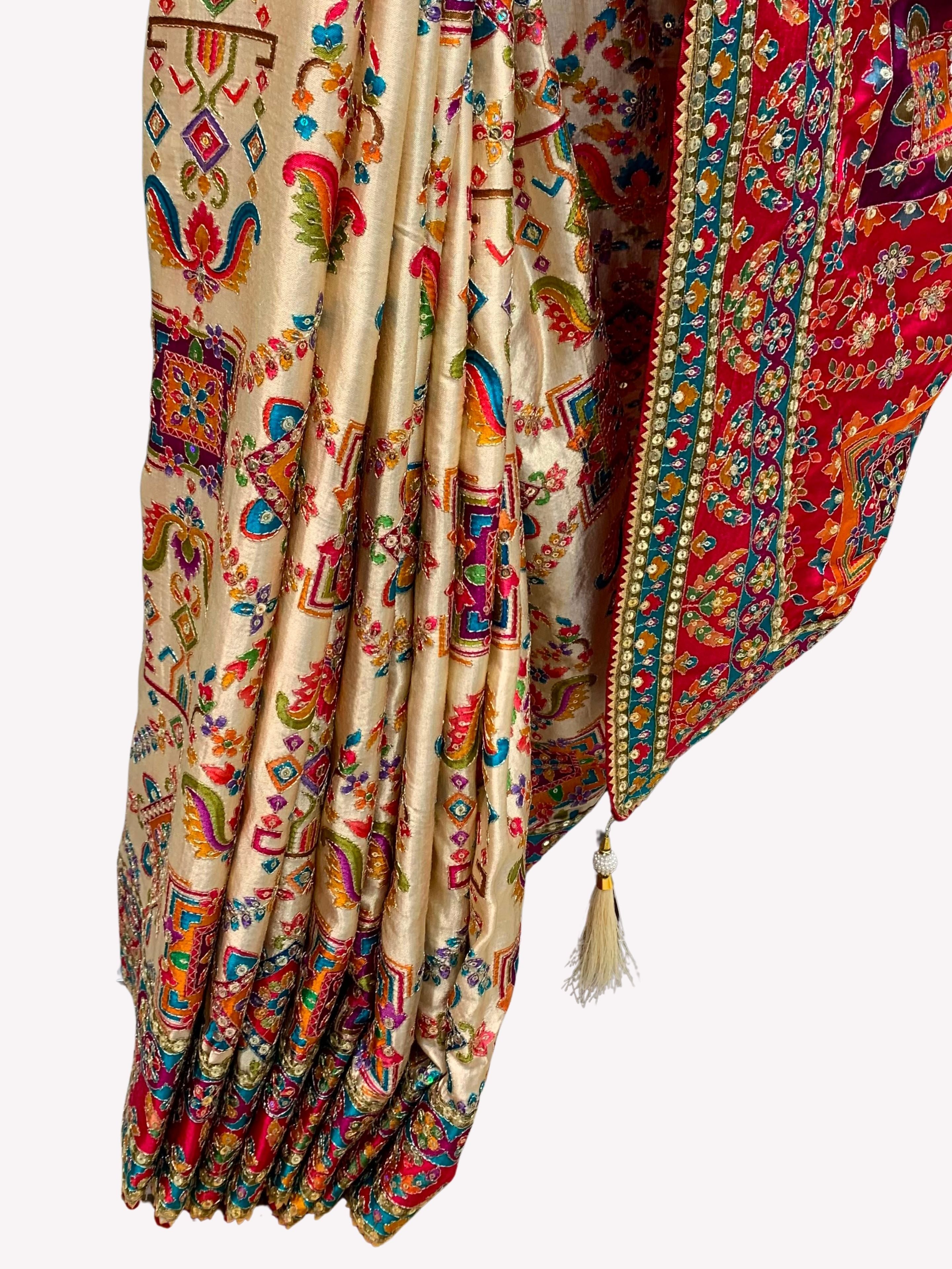 Cream Digital Printed Silk Ready Made Saree Embellished With Sequins & Zari Work