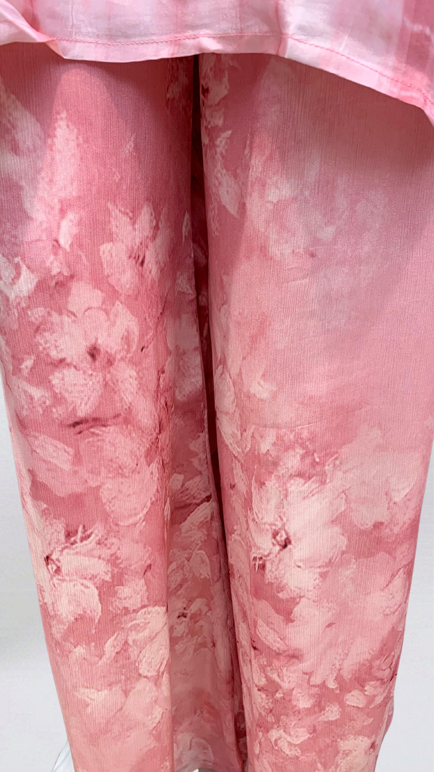 Pink Satin Crepe Coord Set with Sequins, Hand Print, Zari & Stone Detailing