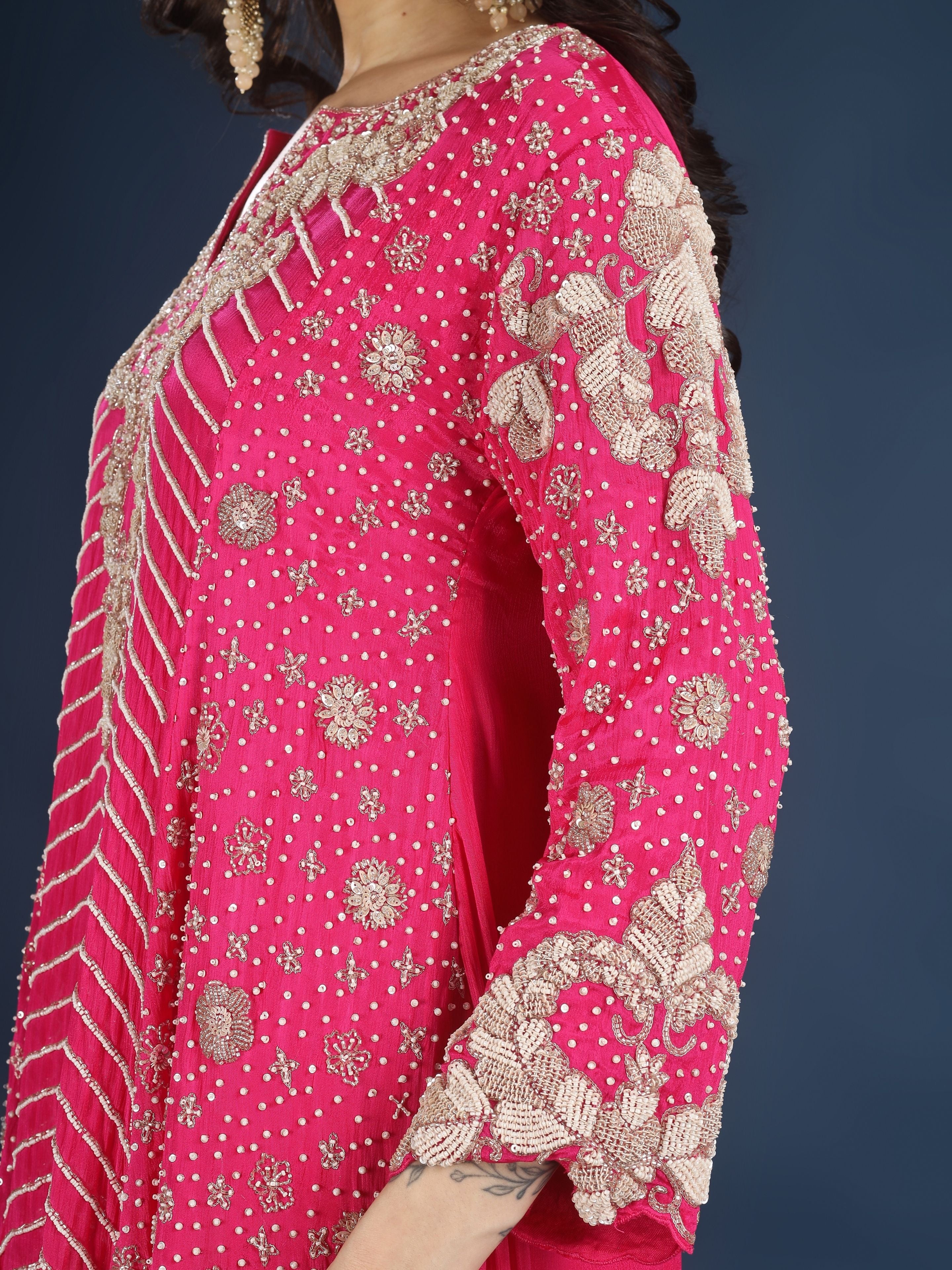 Pink Chinon Indo Western with Cutdana, Sequins and Pearl Embroidery