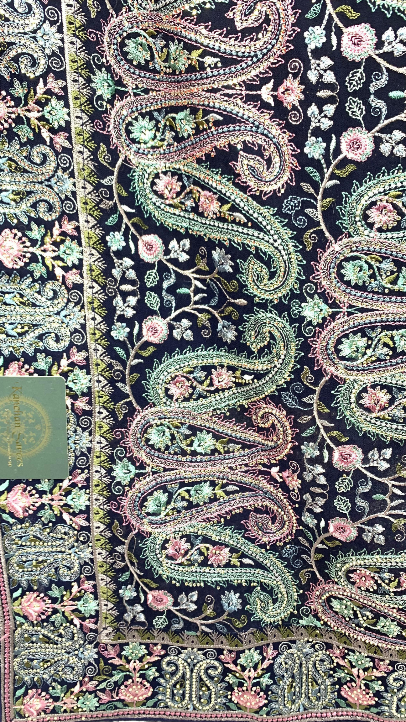 Navy Blue Georgette Saree with Unstitched Blouse and Kashmiri Work