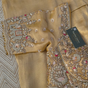 Golden Tissue Saree Embellished With Moti, Zari, Sequins & Cut Dana Work