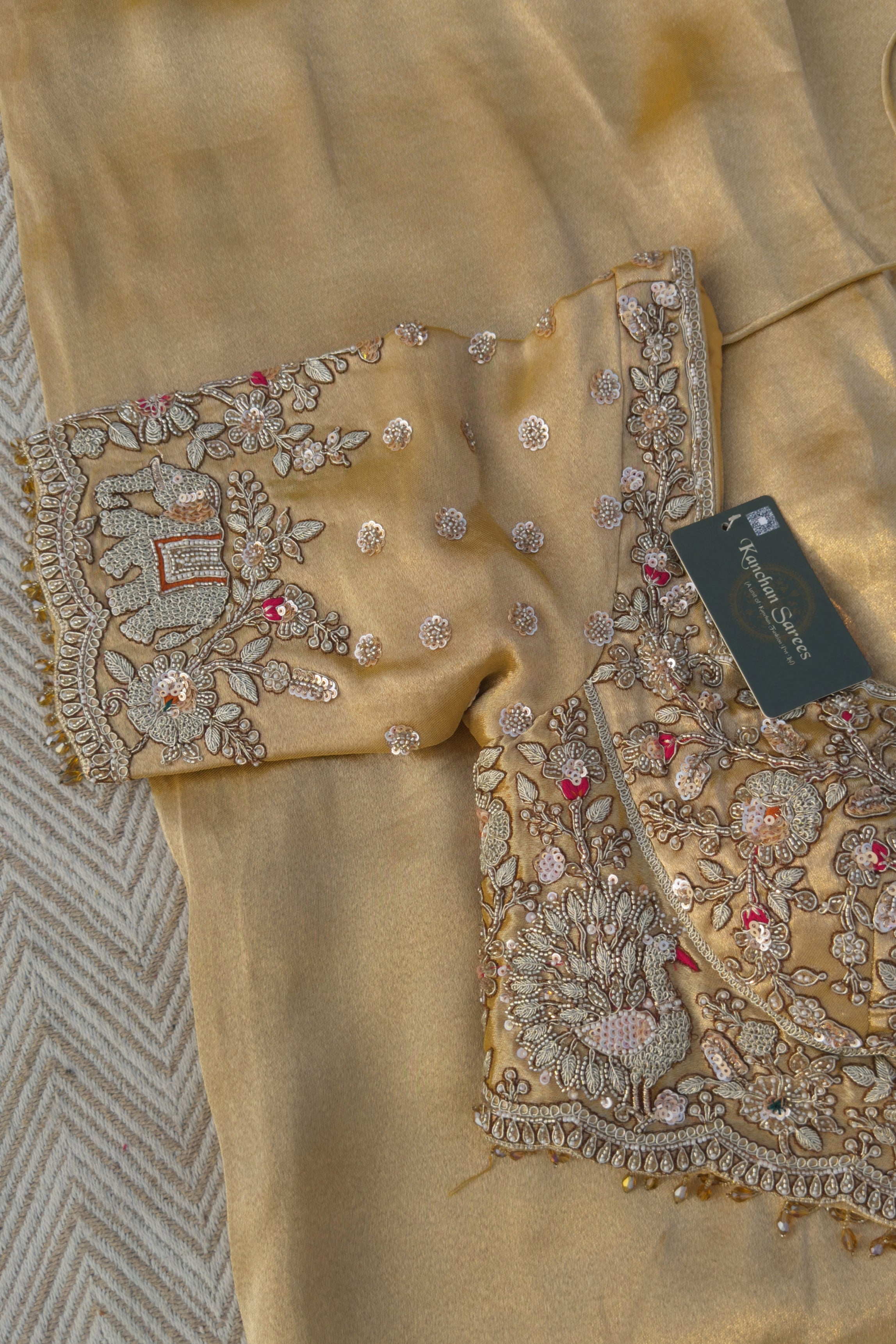 Golden Tissue Saree Embellished With Moti, Zari, Sequins & Cut Dana Work