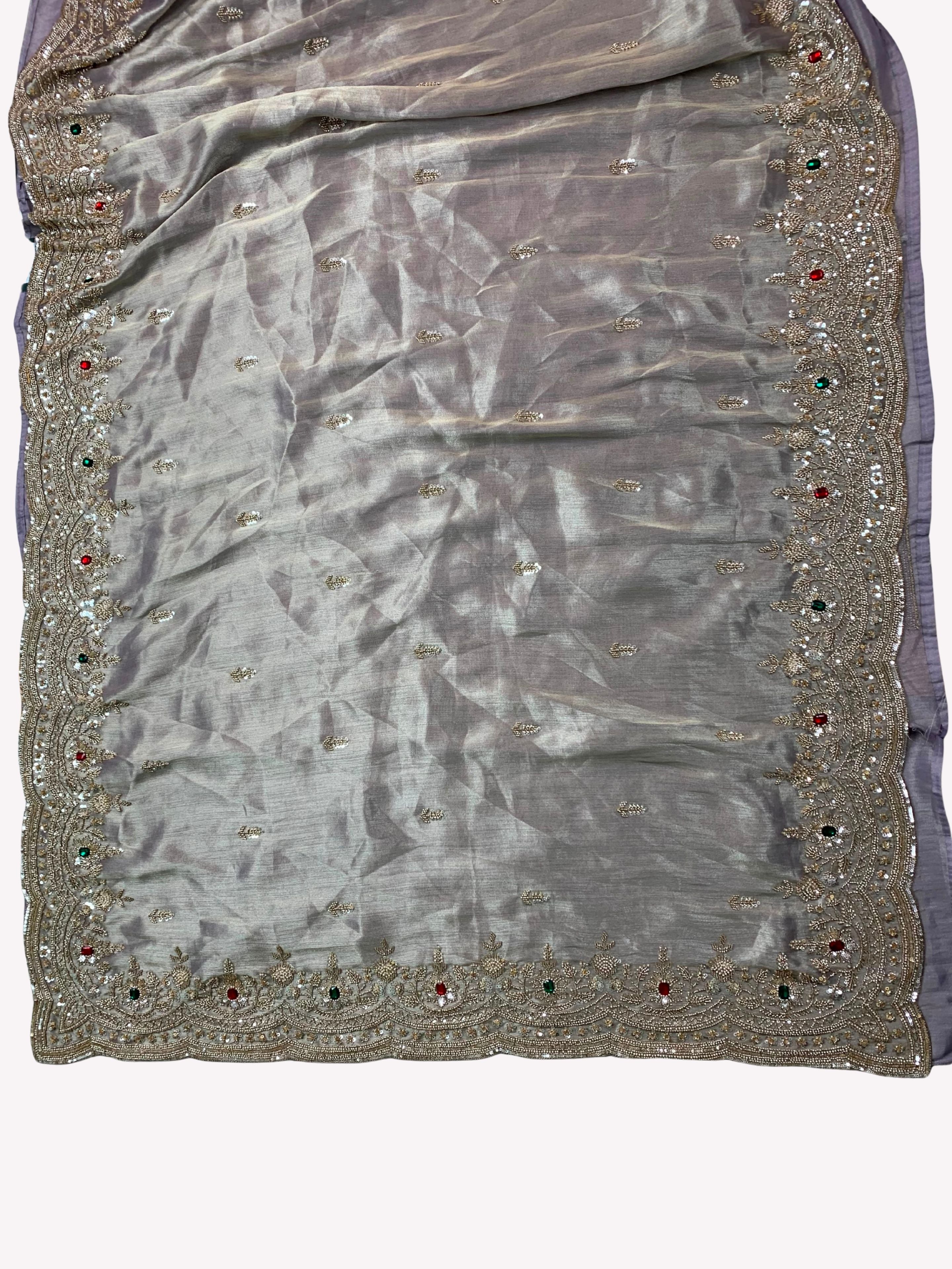 Lavender Tissue Unstitched Saree Embellished With Sequins, Cutdana, Moti & Stone Work