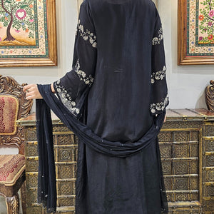 Black Chinon Indowestern Top,Jacket,Bottom and Dupatta with Sequins and Cutdana Work