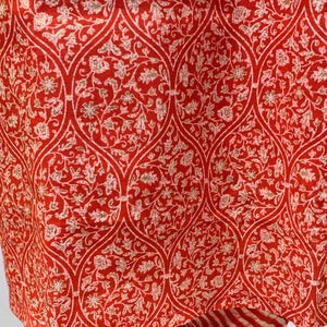 Red Muslin Block & Gold Print Suit with Dabka, Cutdana, Moti & Gota Patti Detailing